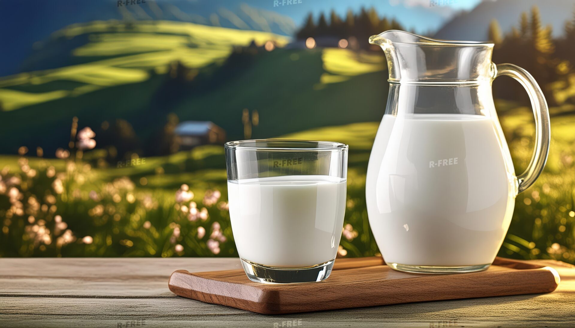 木製トレーに置いた牛乳とピッチャーのある緑の風景