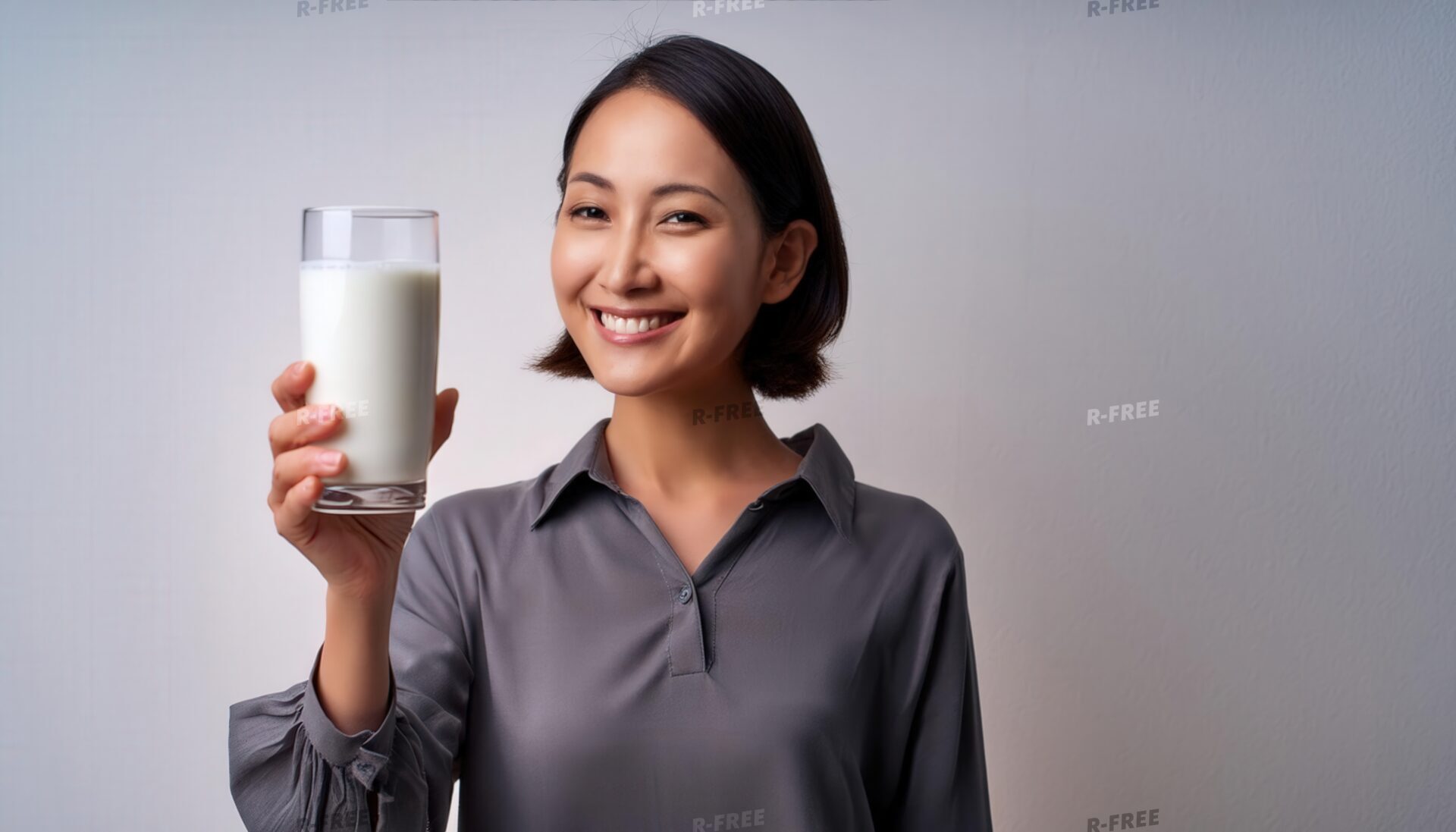 グレーのシャツで牛乳を正面に掲げる笑顔の女性