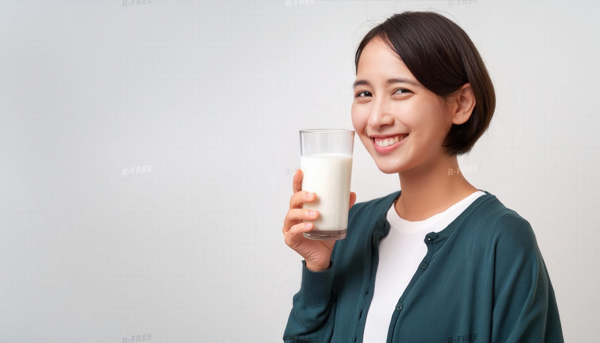 緑色のカーディガンで牛乳を持つ笑顔の女性