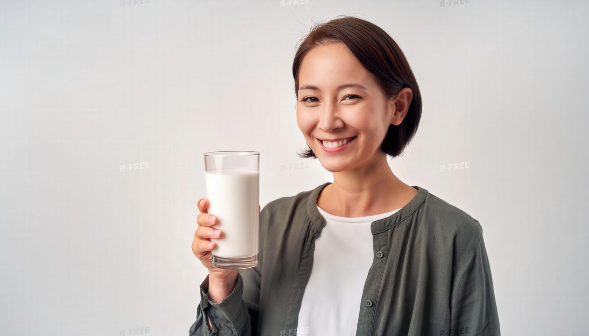 グレー系カーディガンで牛乳を持つボブの女性