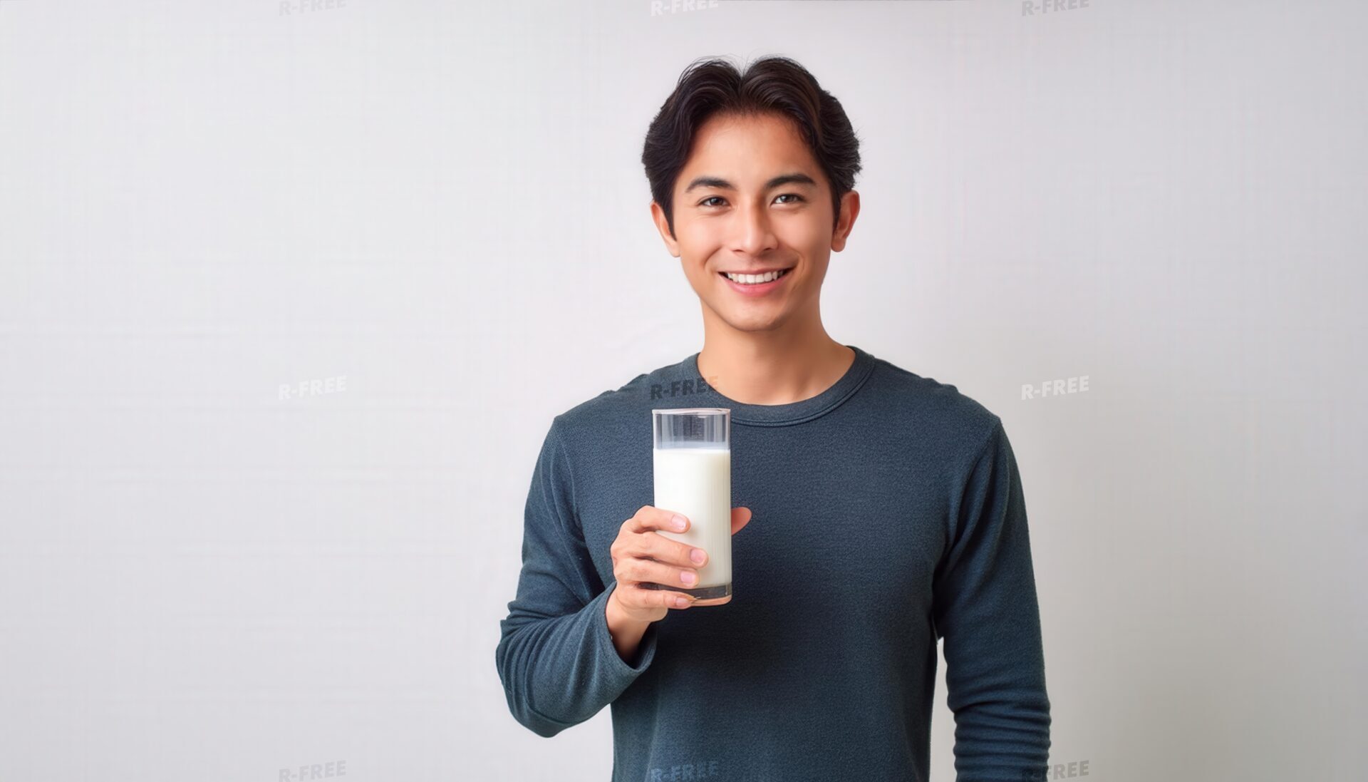 白背景で牛乳を持つ笑顔の若い男性