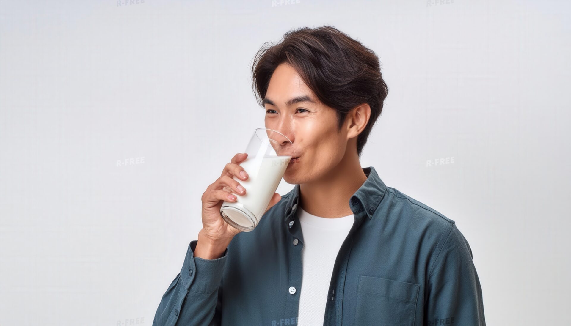 白シャツに青灰色シャツを重ねて牛乳を飲む穏やかな男性