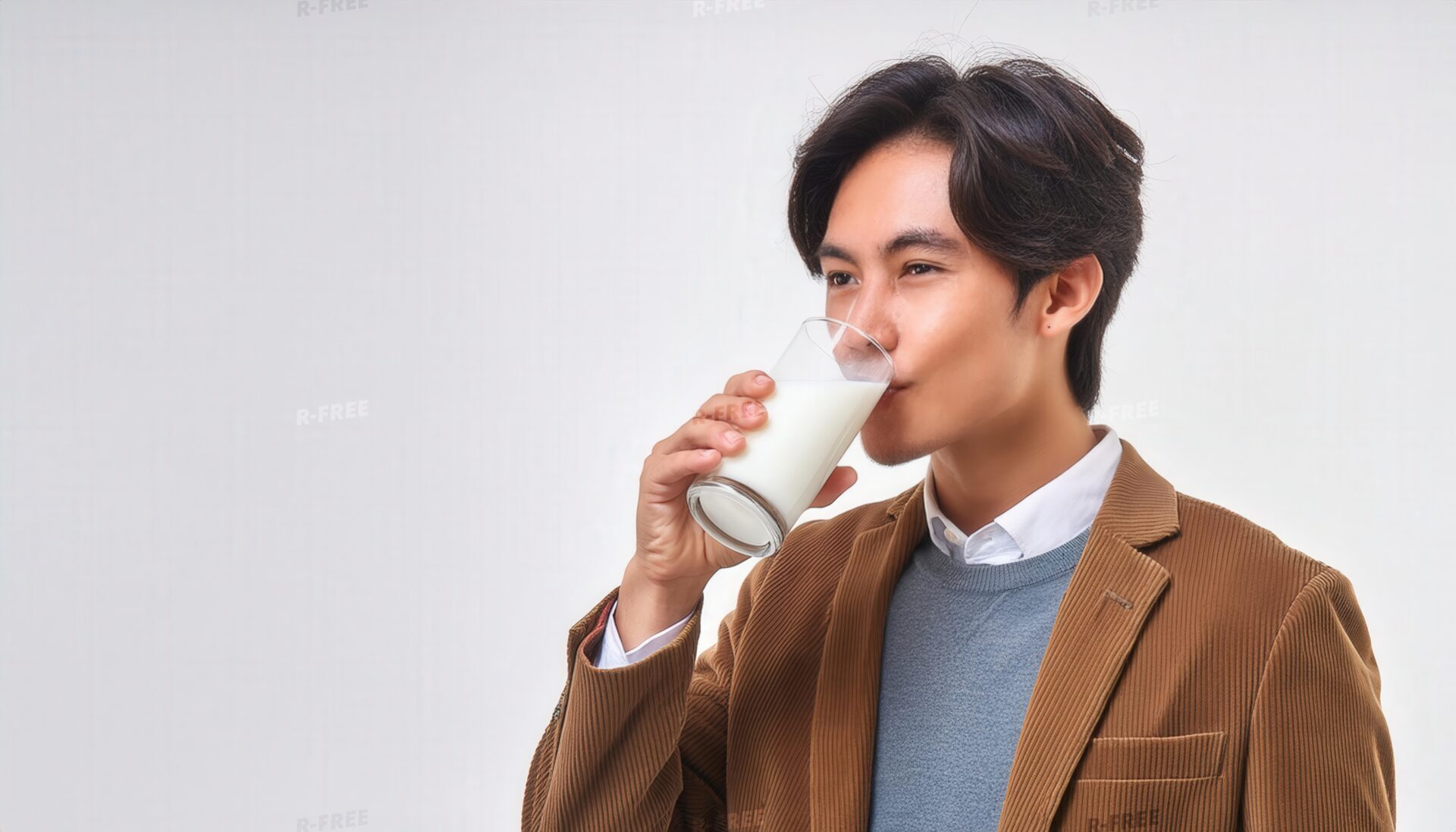 茶色のジャケット姿で牛乳を飲む横向きの若い男性