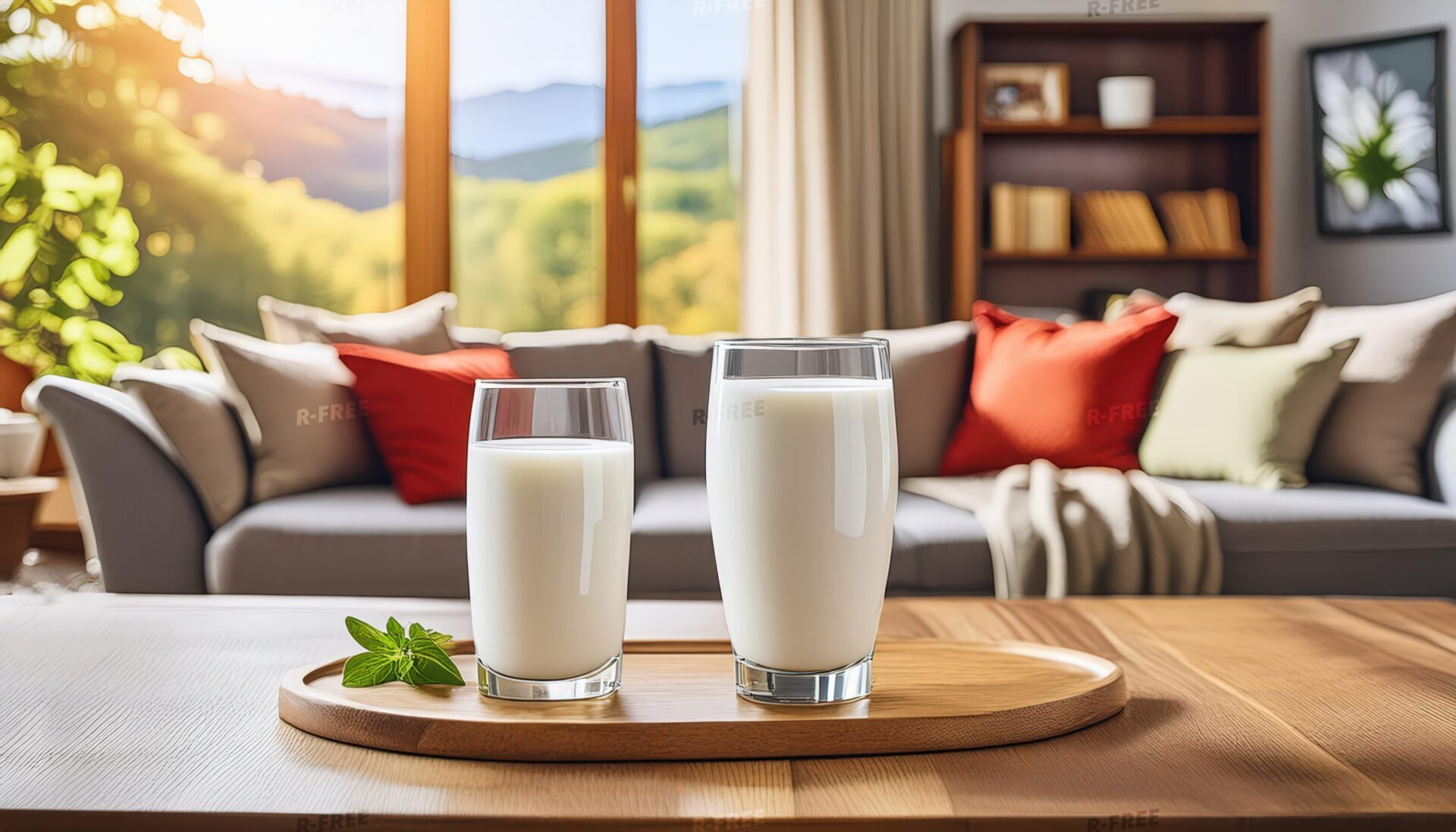 リビングルームに置かれた2つの牛乳のグラス