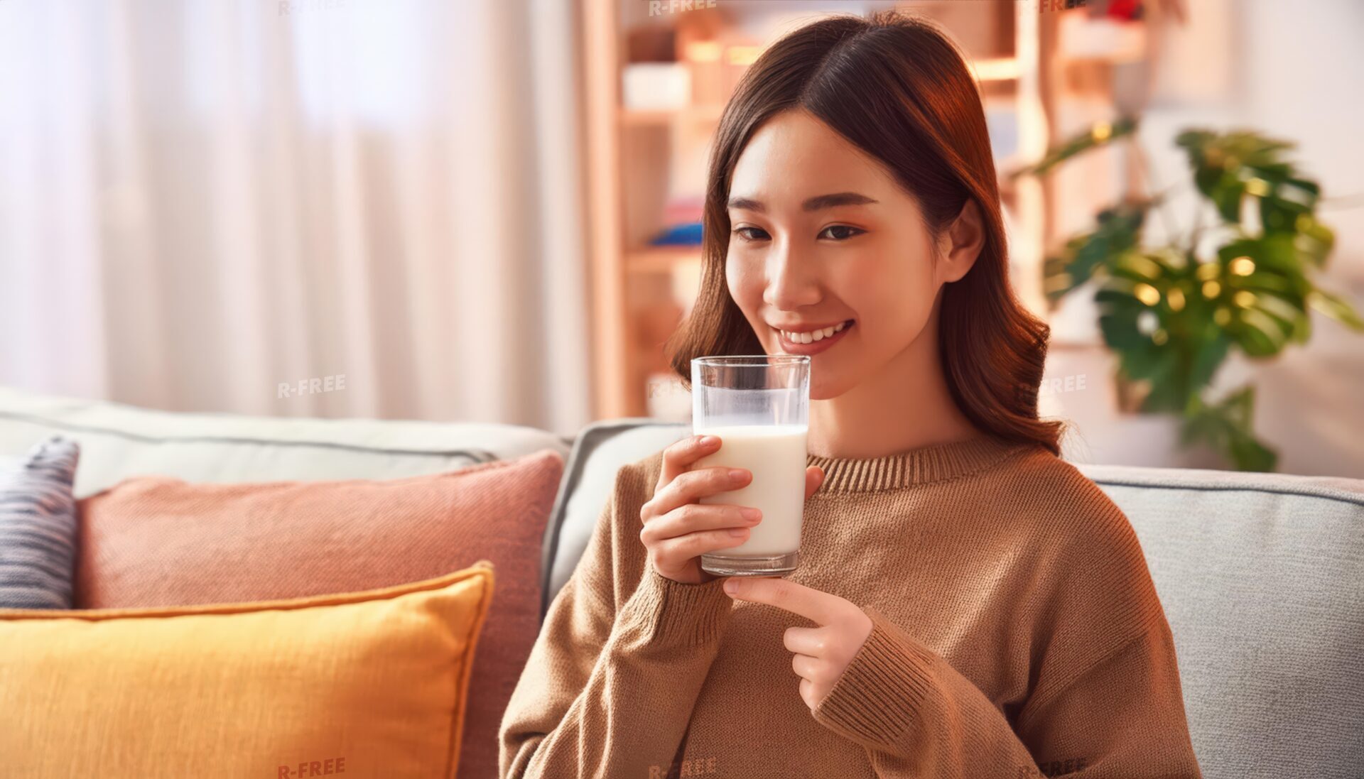 室内で牛乳を飲む若い女性（指差し）
