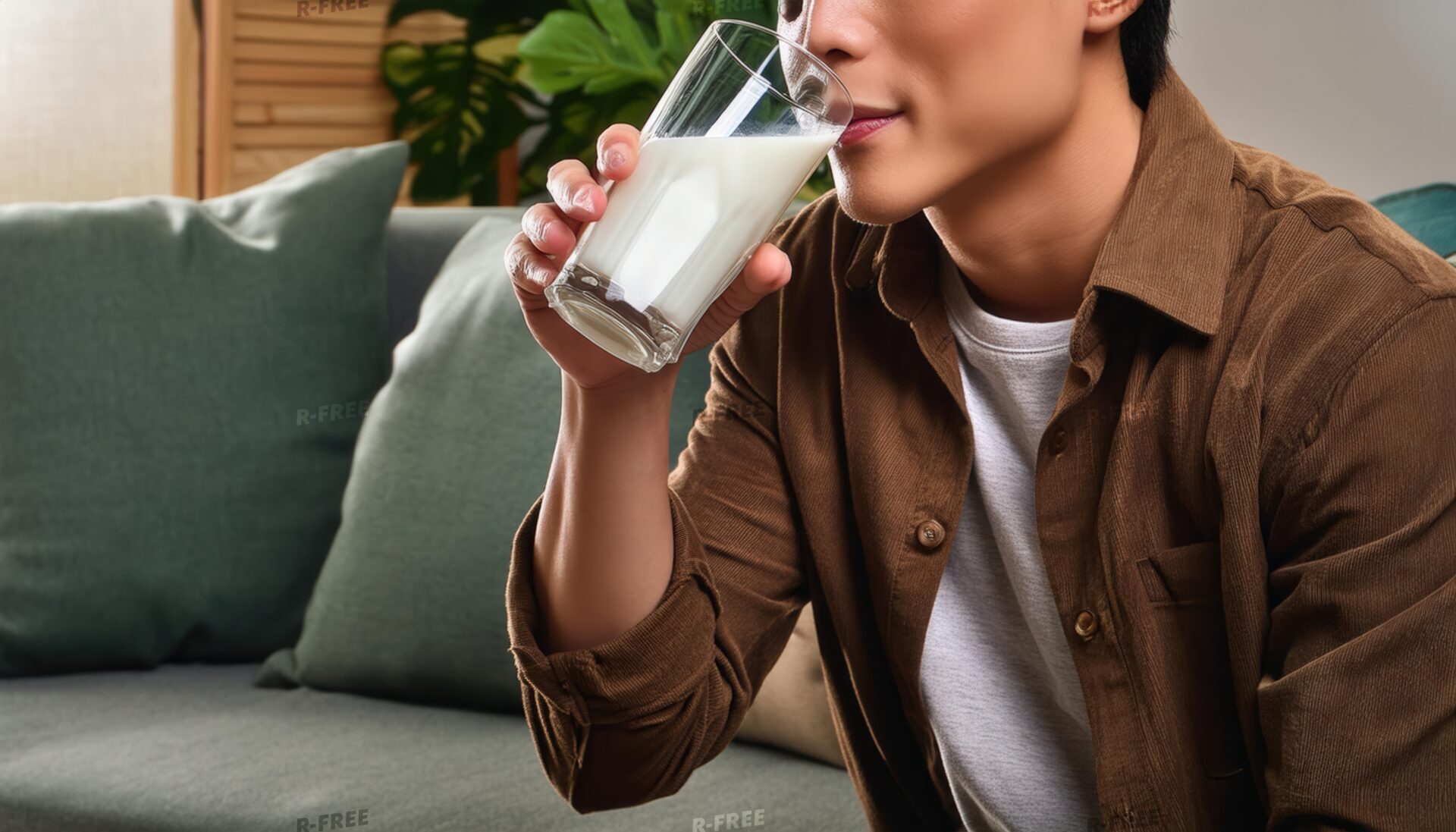 室内で牛乳を飲むブラウンのジャケットの大人