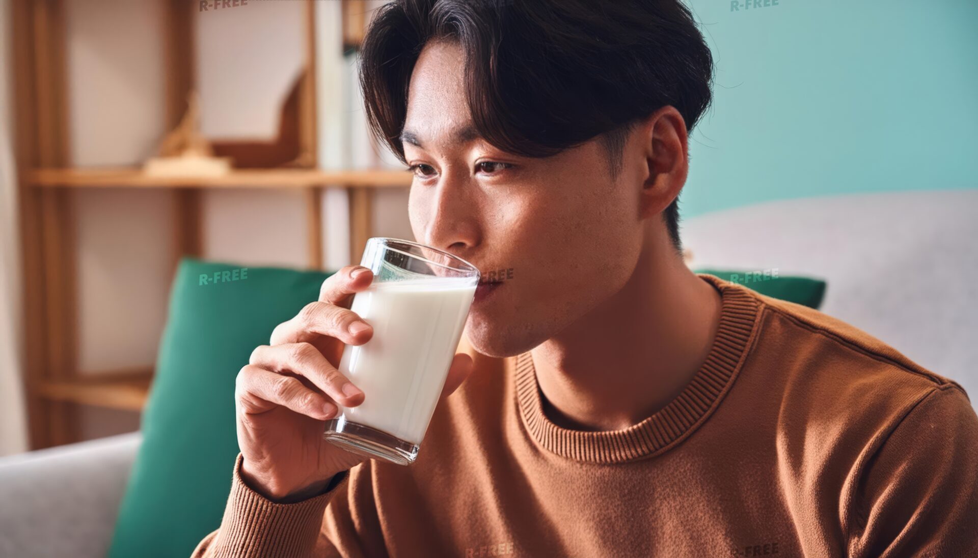 室内で牛乳を飲む茶色の服の大人