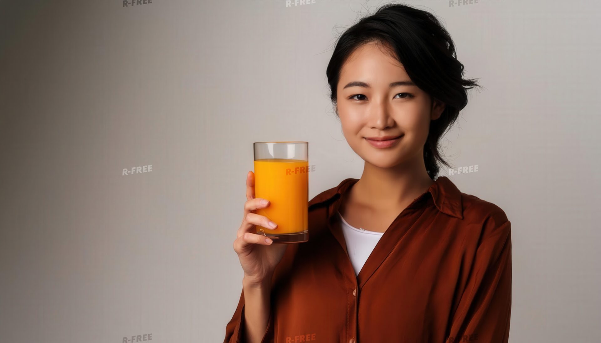 髪をまとめ茶色のシャツで正面を見る女性とオレンジジュース