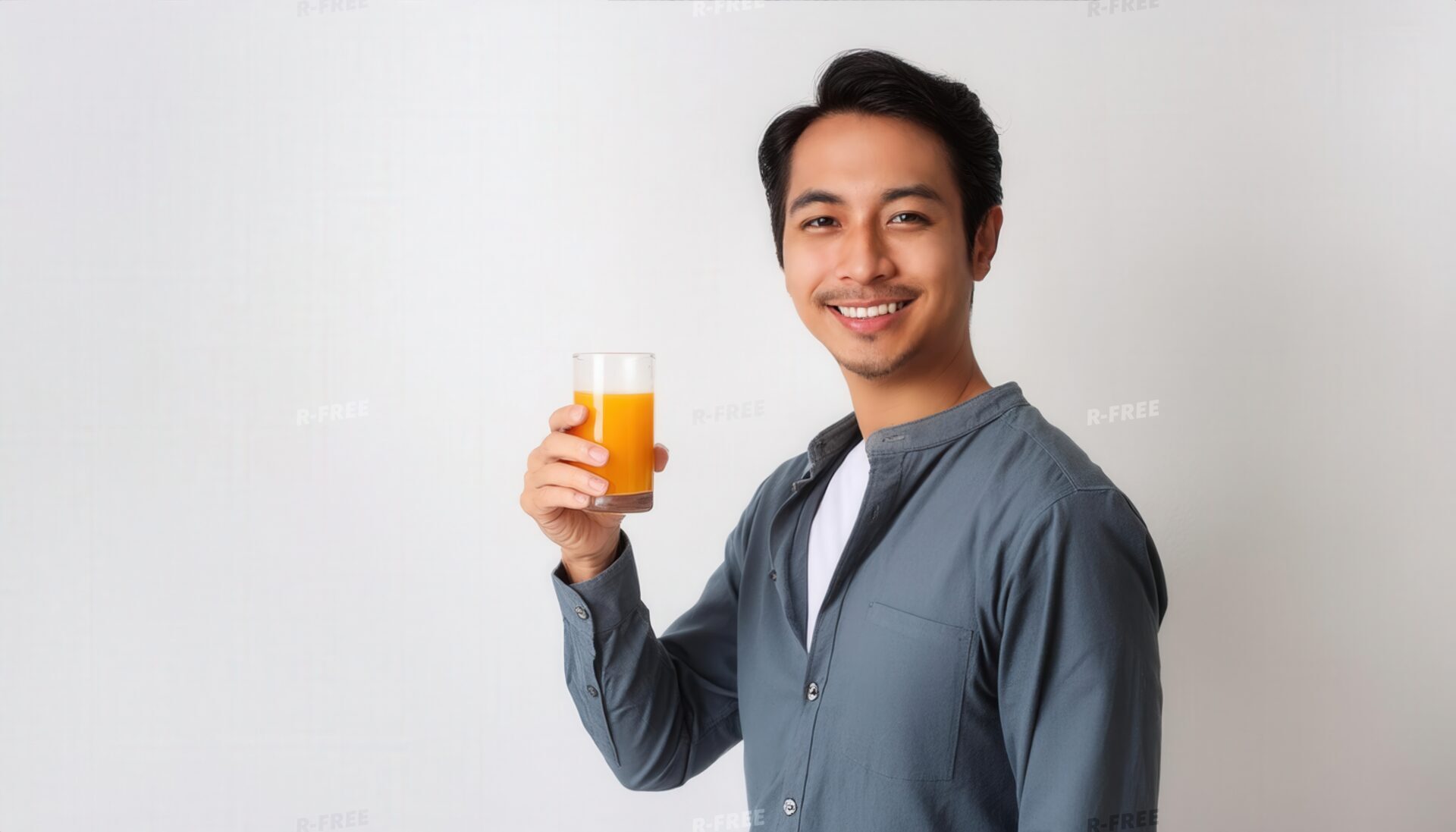 グレーのシャツでオレンジジュースを掲げる若い男性