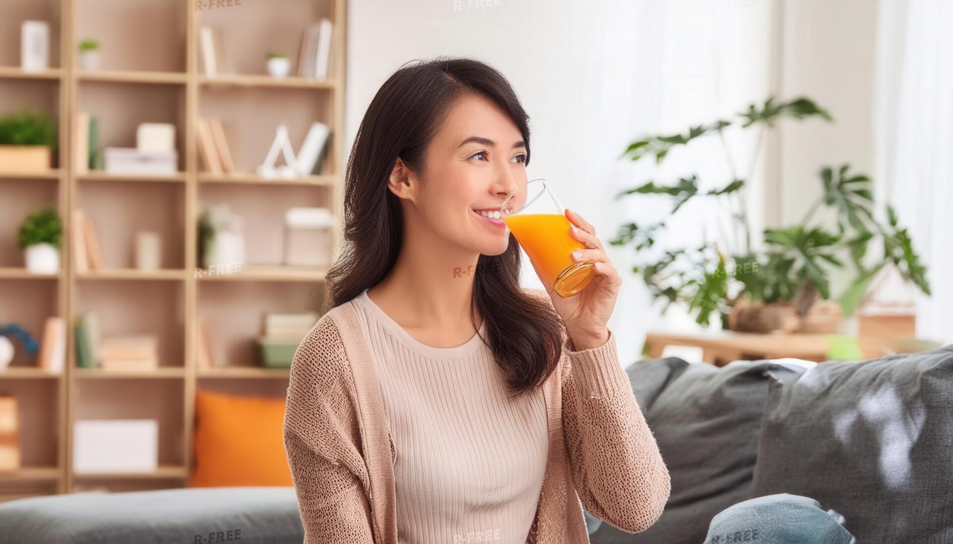 明るい部屋でオレンジジュースを飲む笑顔の女性