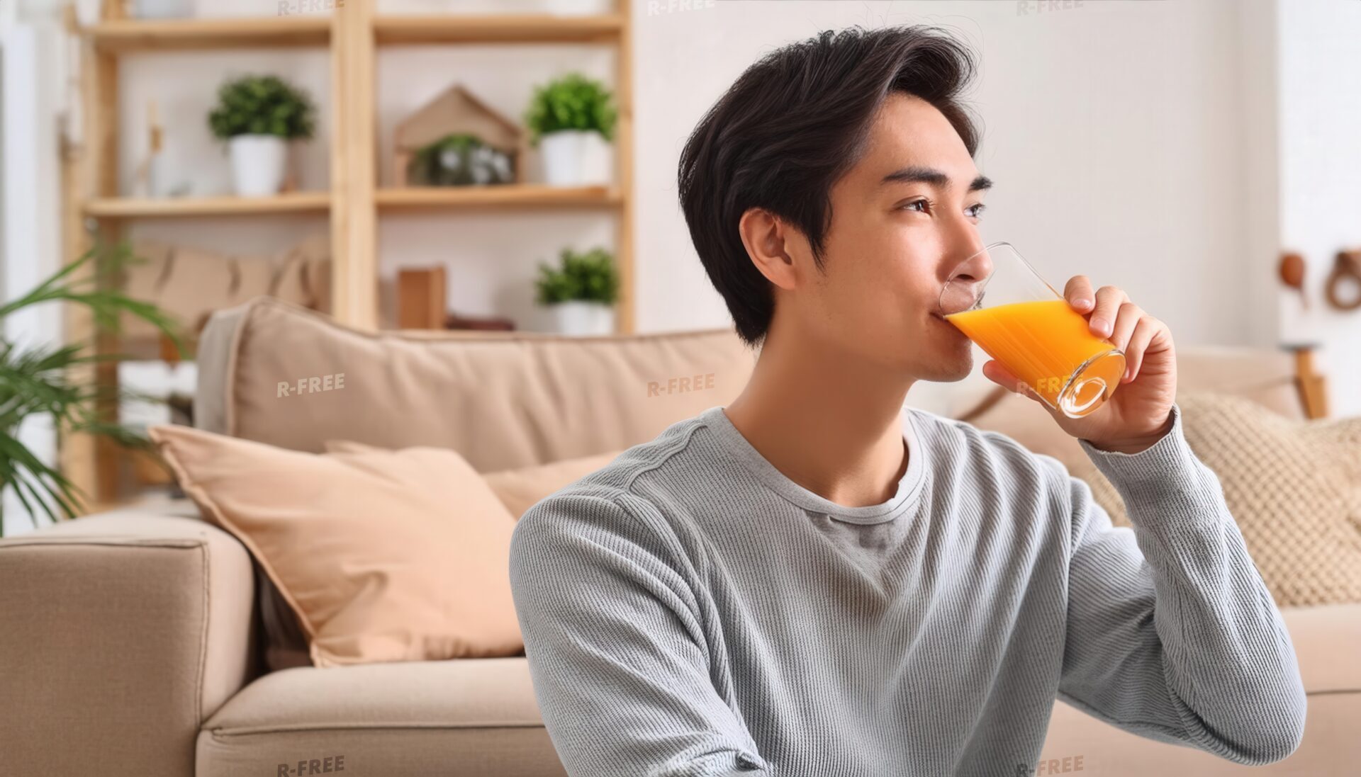 ソファに座ってオレンジジュースを飲む笑顔の男性