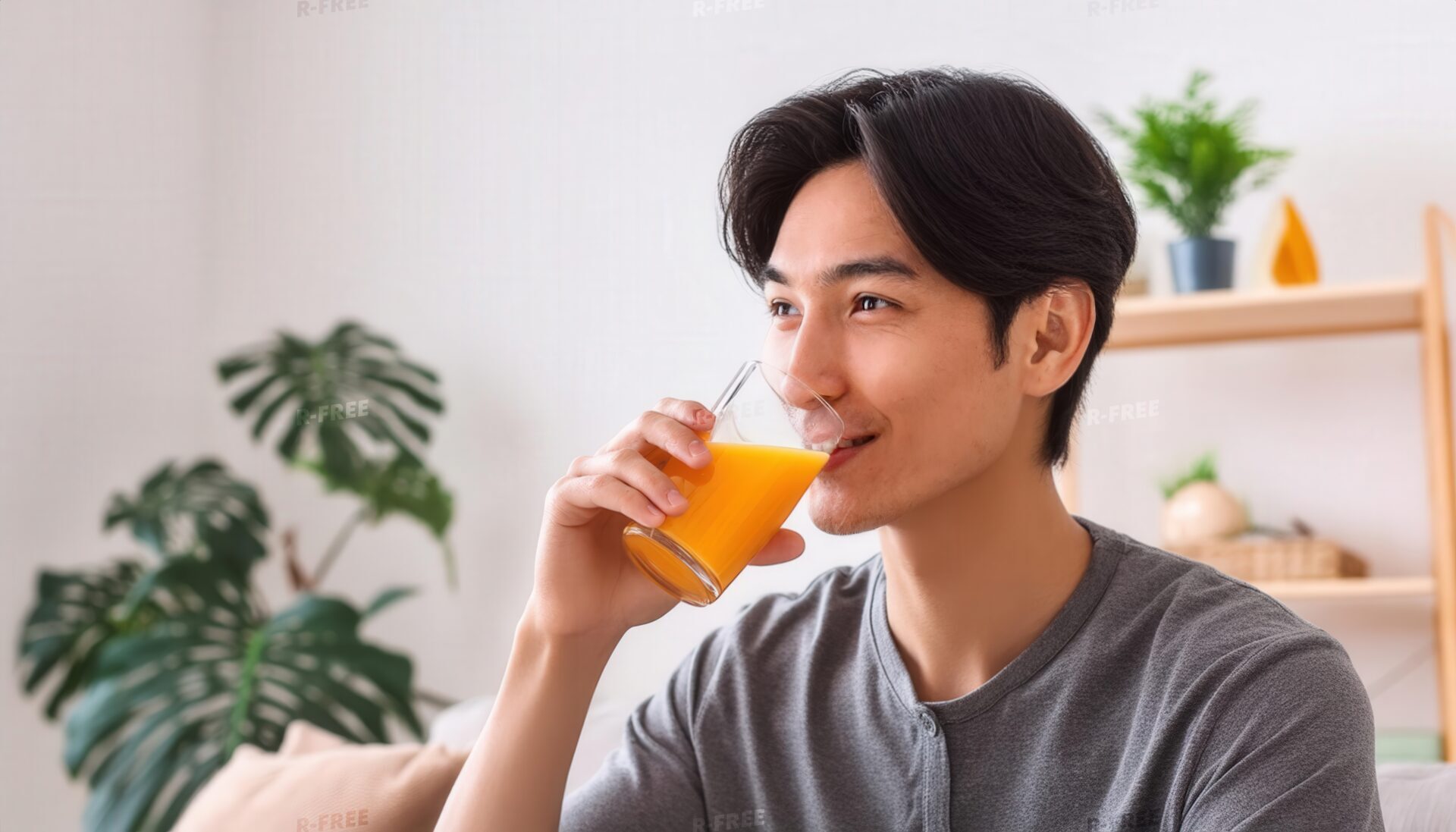 白い壁の前でオレンジジュースを飲む笑顔の男性