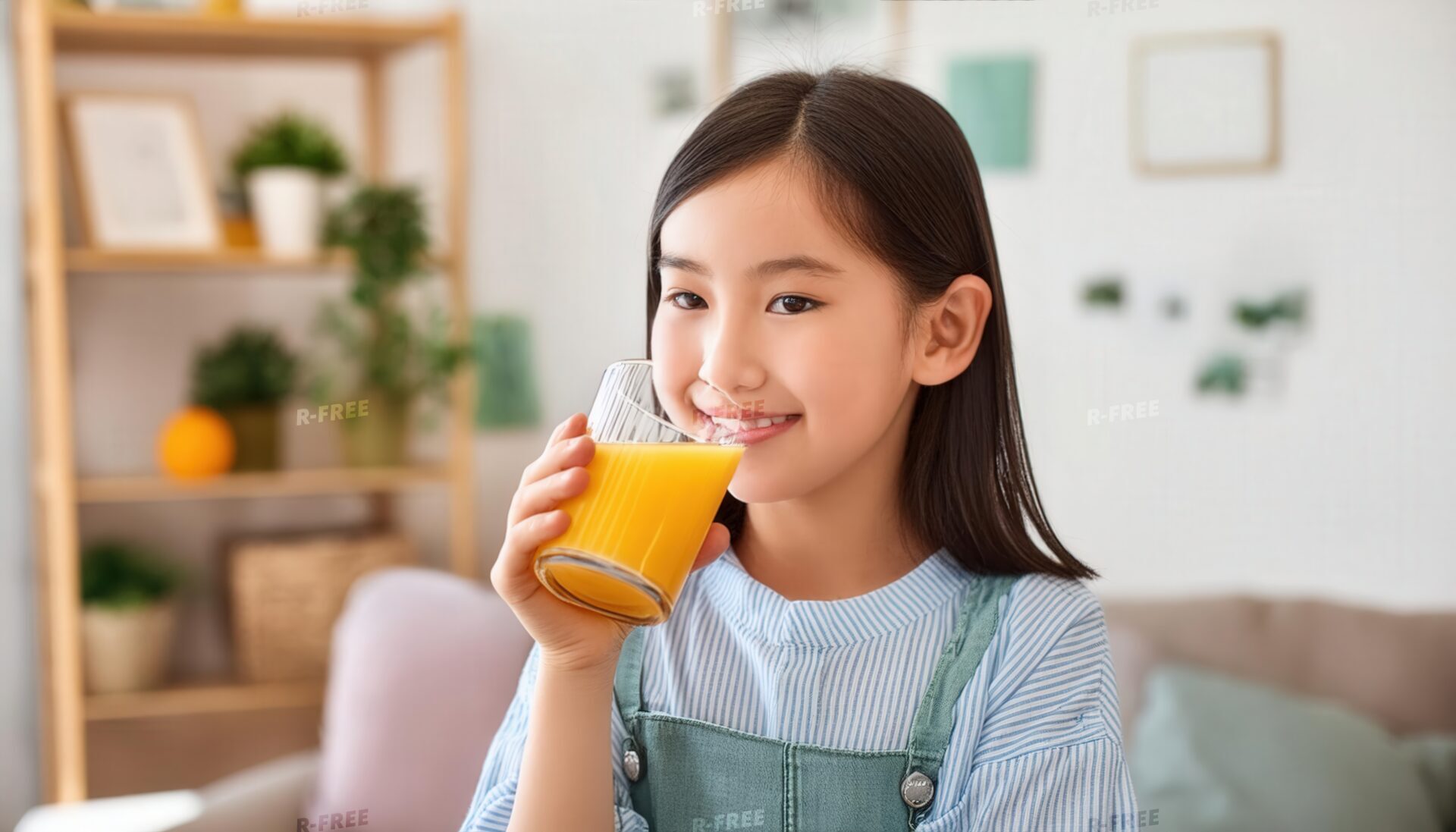 リビングでオーバーオール姿の女の子が笑顔でオレンジジュースを飲む子供
