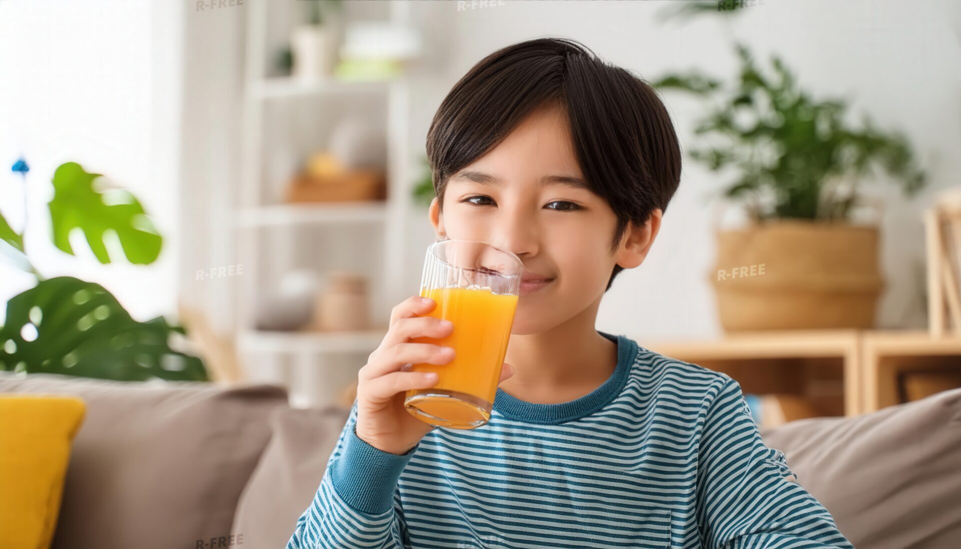 リビングでボーダー服の男の子がグラスを持ちオレンジジュースを飲む子供