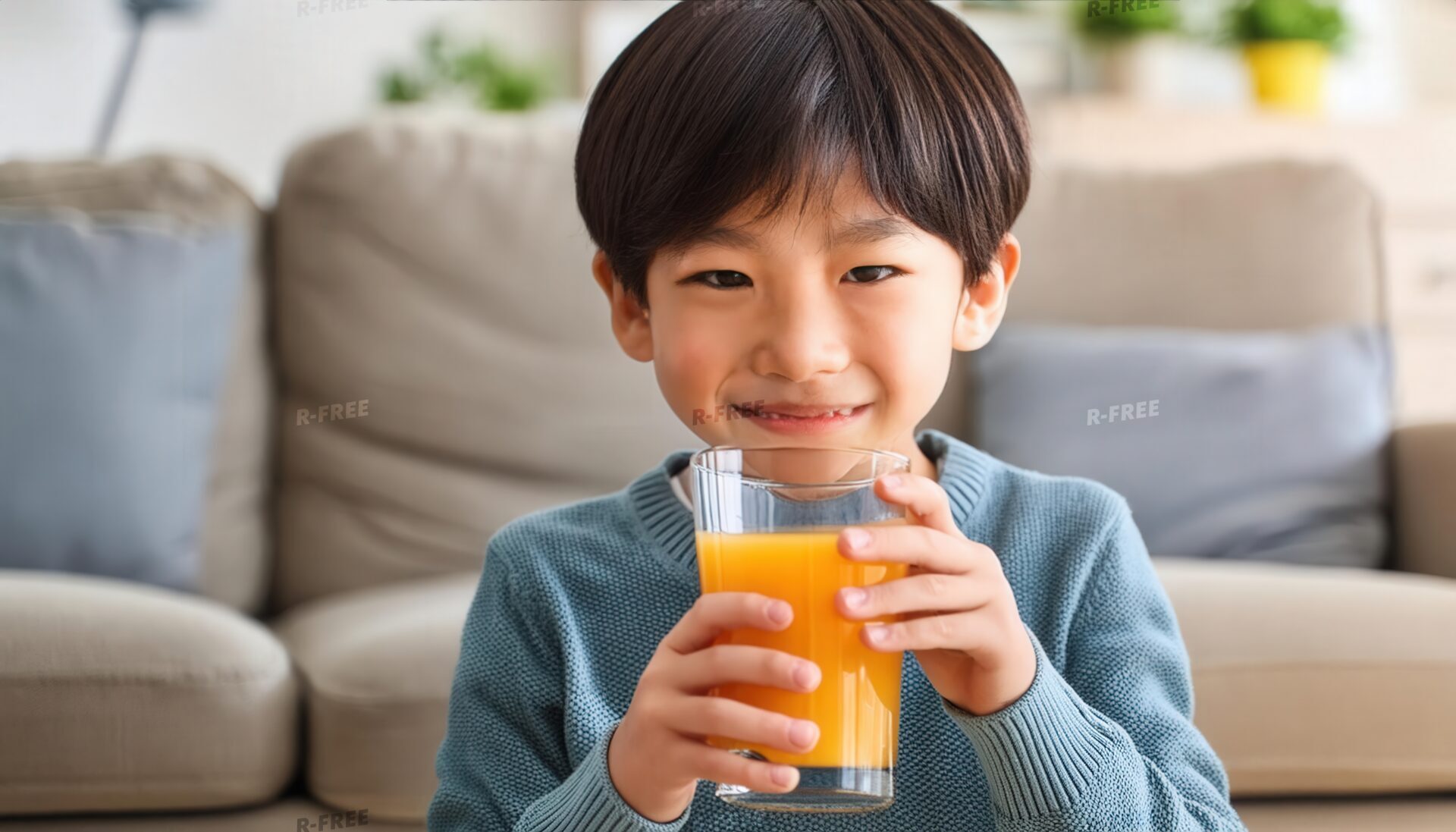 リビングで青緑色のニットの男の子が両手でオレンジジュースを持つ子供