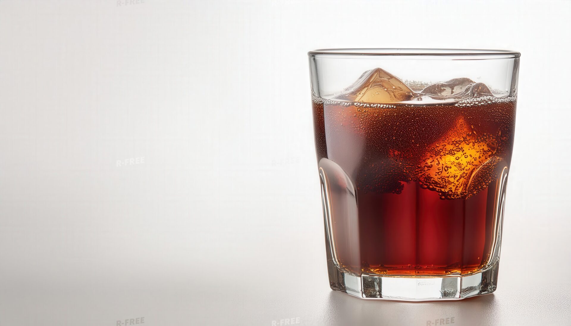 左に余白を残した氷入りコーラのグラス