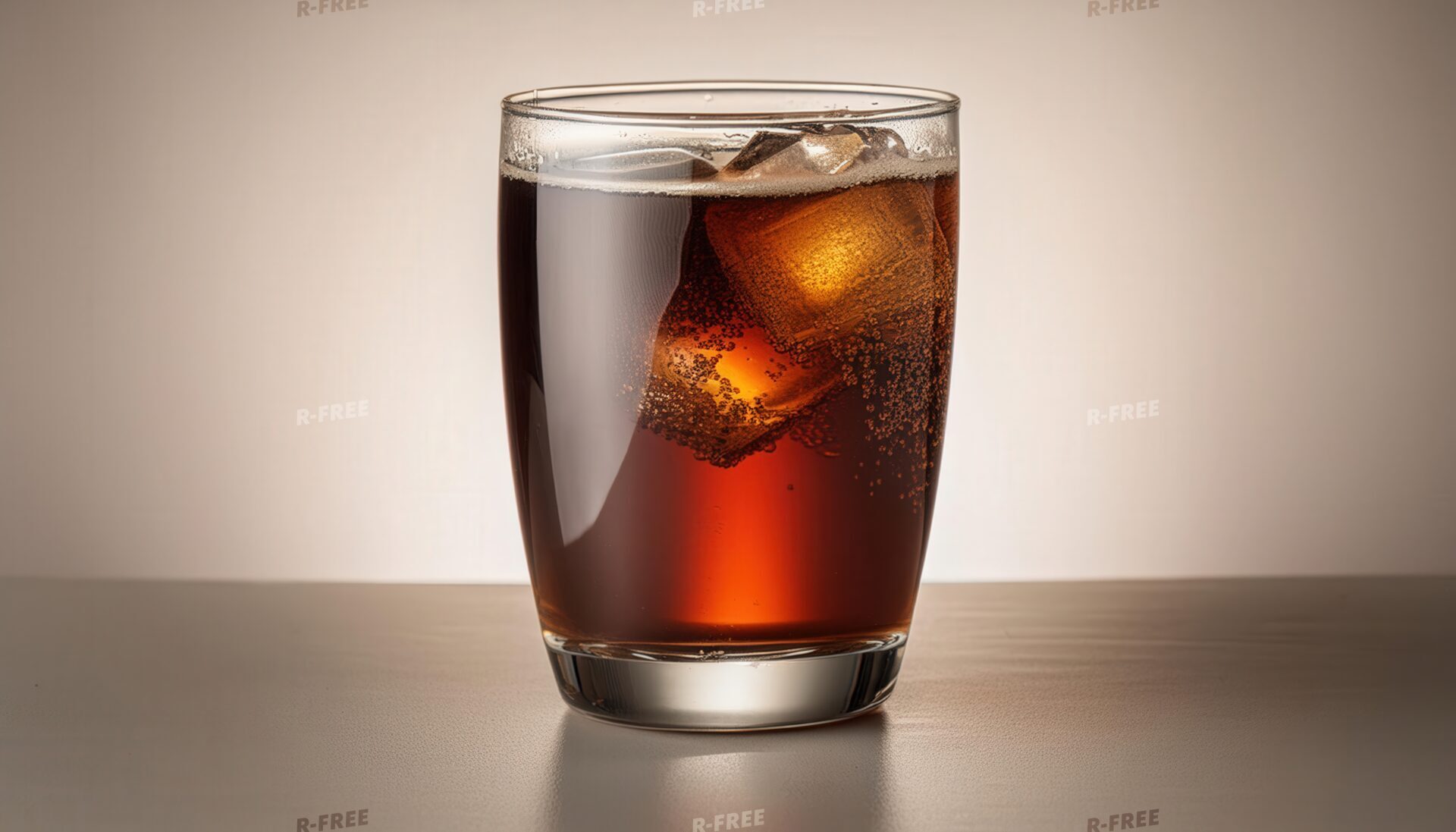 ベージュ背景に中央配置した泡立つコーラのグラス
