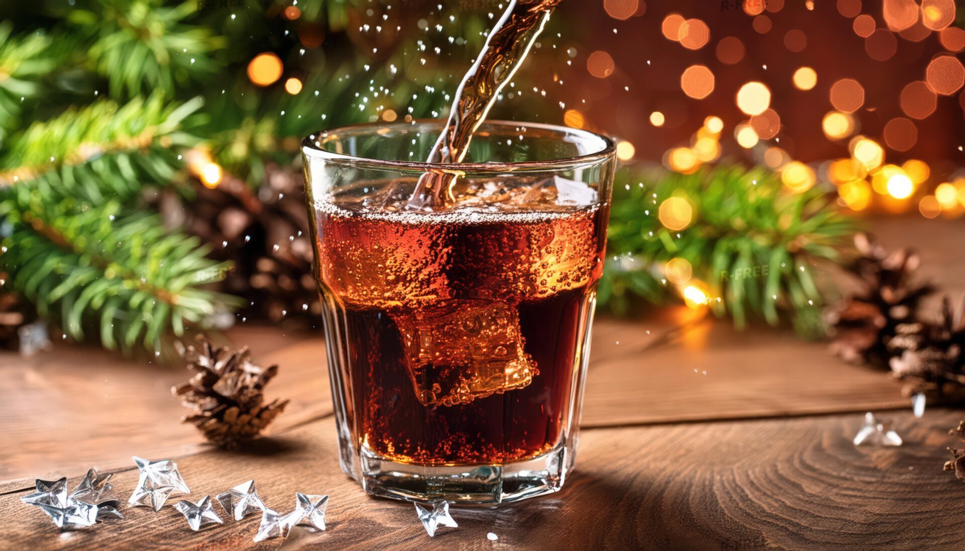 クリスマス飾りと一緒に置かれたコーラのグラス