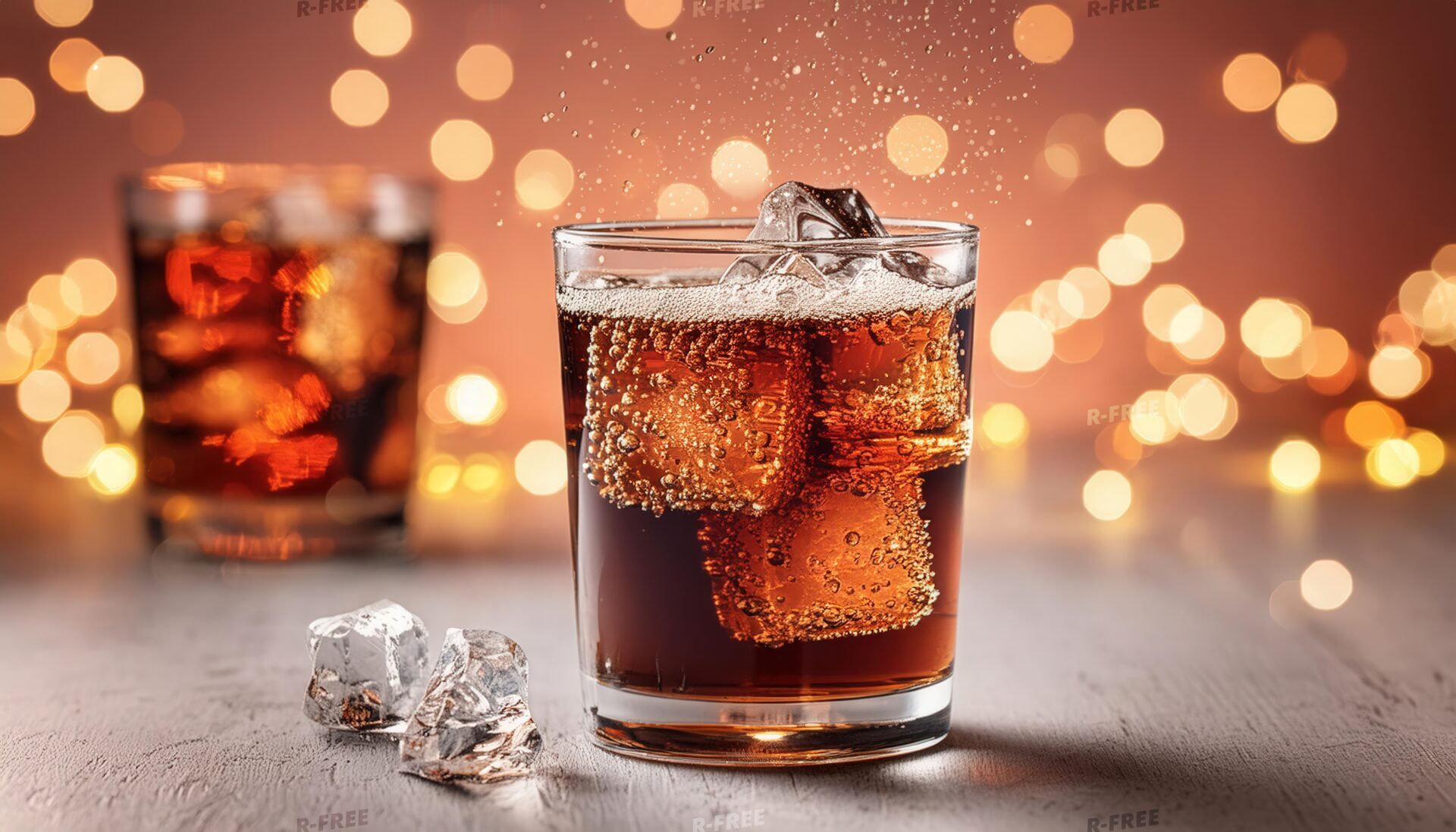 きらめく背景で氷入りの黒い炭酸飲料が入ったグラス