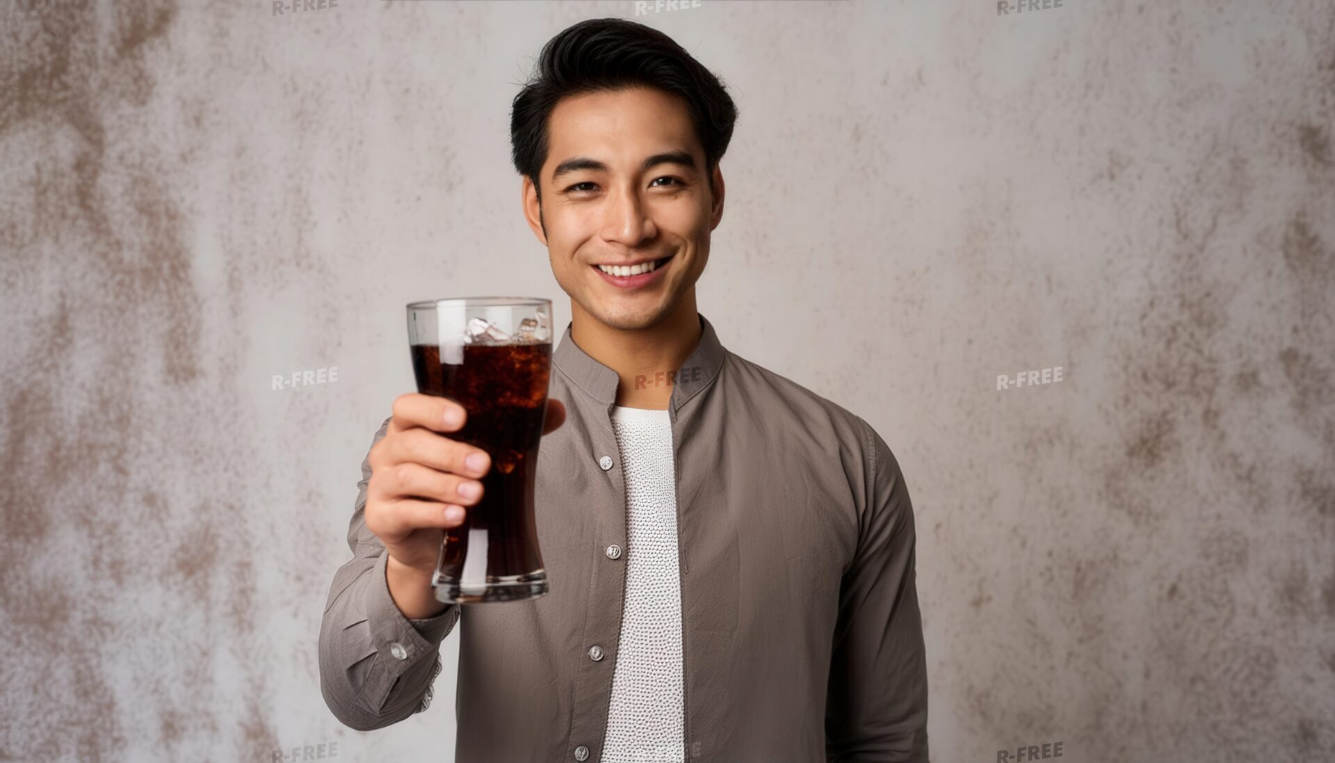 ベージュの背景で黒い炭酸飲料のグラスを差し出す若い男性