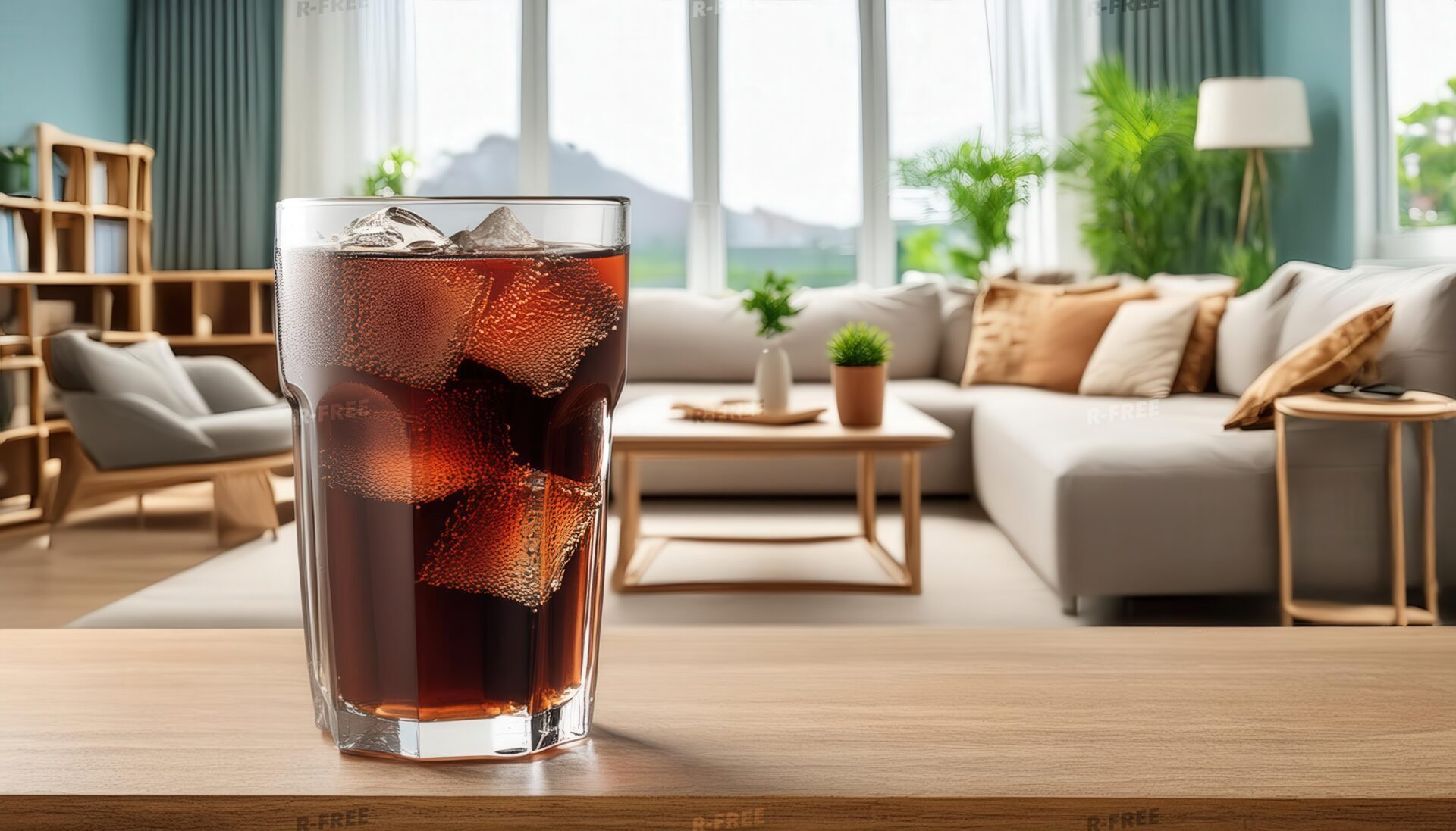 窓辺のリビングに置かれた黒い炭酸飲料
