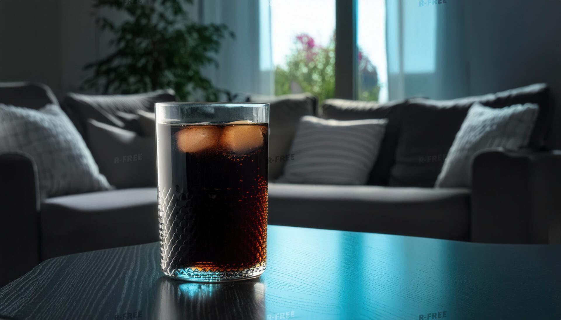 暗めのリビングに置かれた黒い炭酸飲料