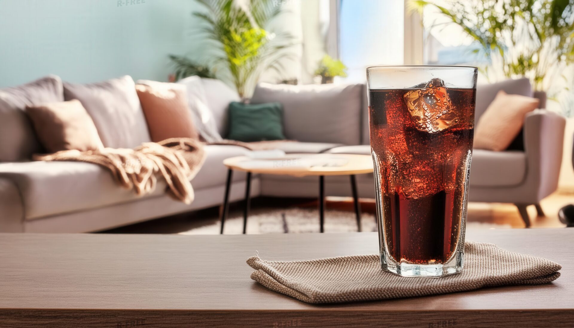 リビングテーブルに置かれた黒い炭酸飲料