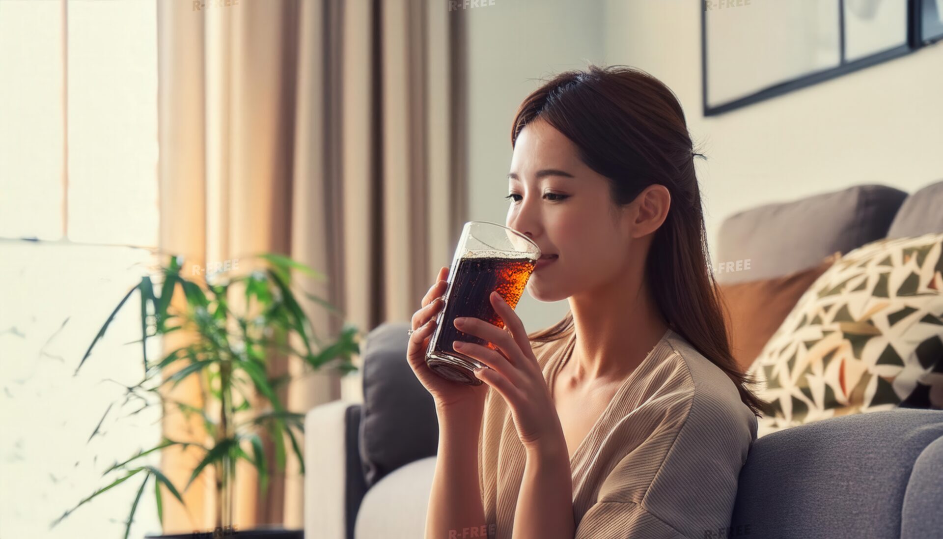 リビングで穏やかな表情で黒い炭酸飲料を飲む女性