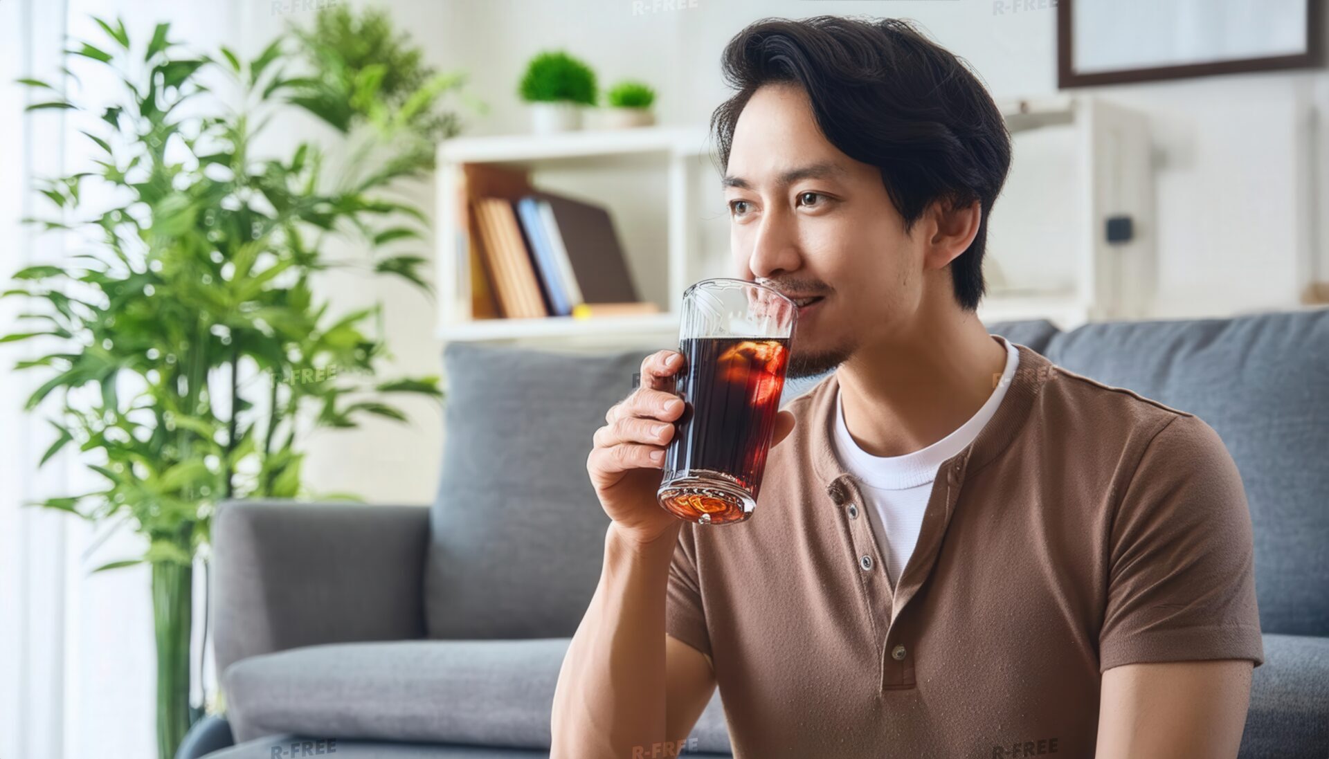 リビングで笑顔で黒い炭酸飲料を飲む茶色シャツの男性