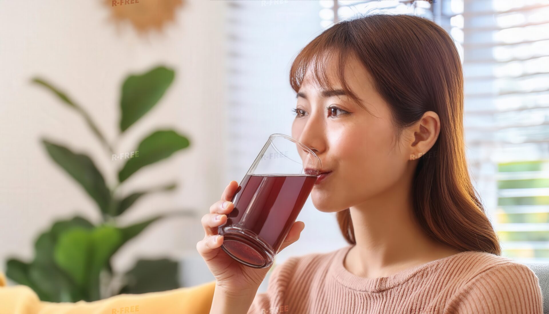 リビングで穏やかな表情でグレープジュースを飲む30代女性