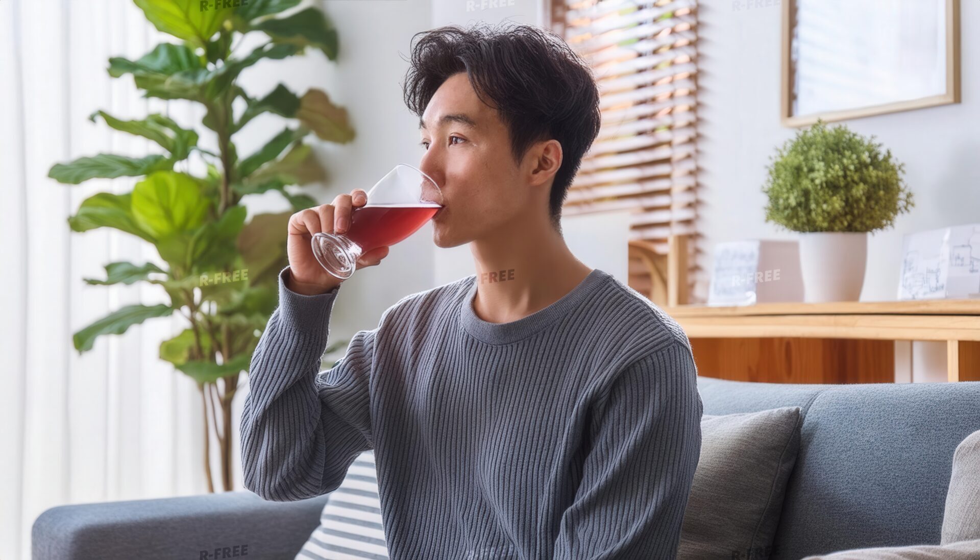 リビングでグレーのニットを着てグレープジュースを飲む若い男性