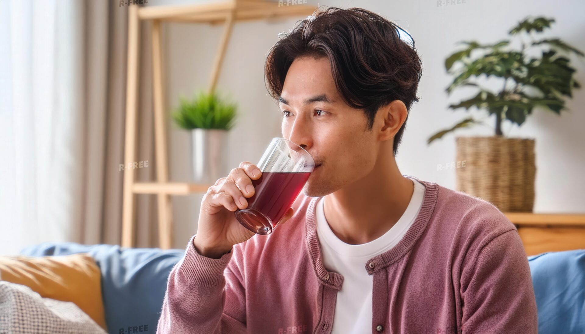 リビングで白Tシャツとピンクカーディガン姿の若い男性がグレープジュースを飲む