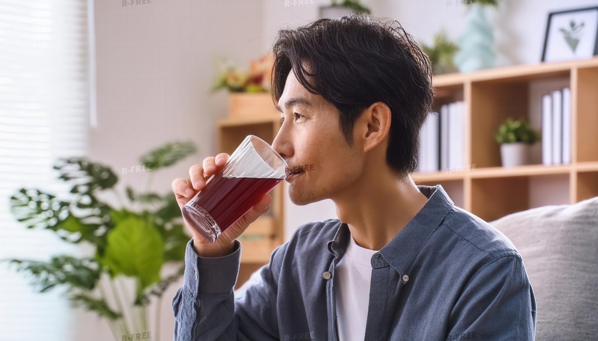 リビングで赤紫色のグレープジュースを飲む人