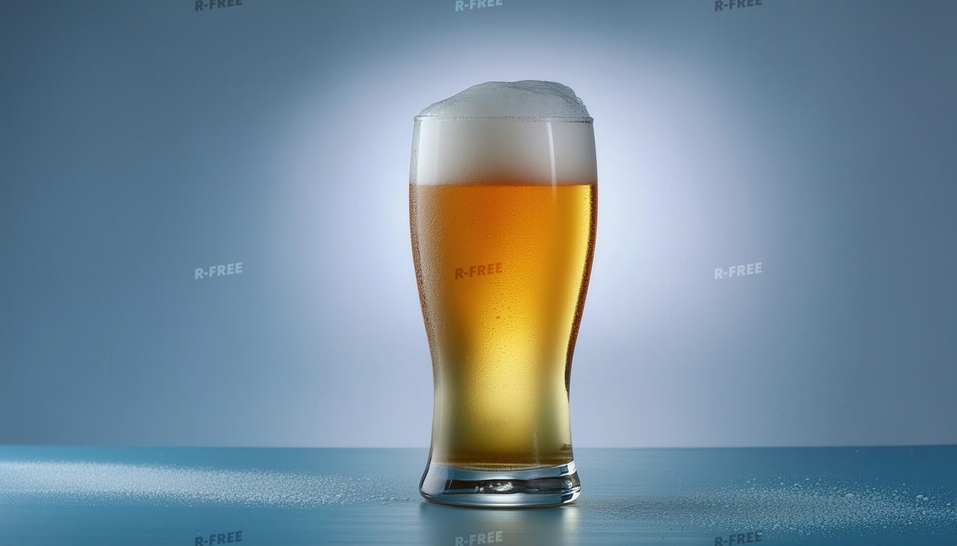 ブルー背景で背の高いビールグラス