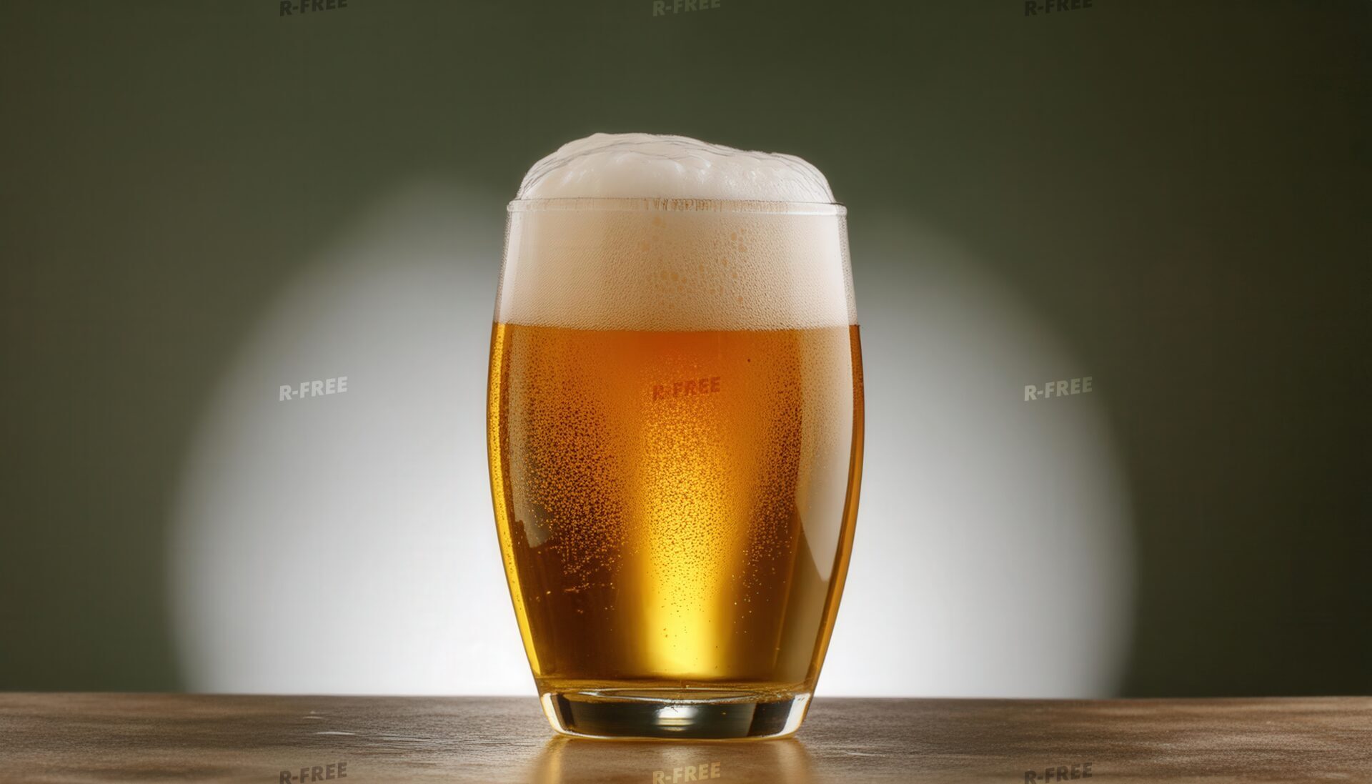木目テーブルに置かれたビールグラス