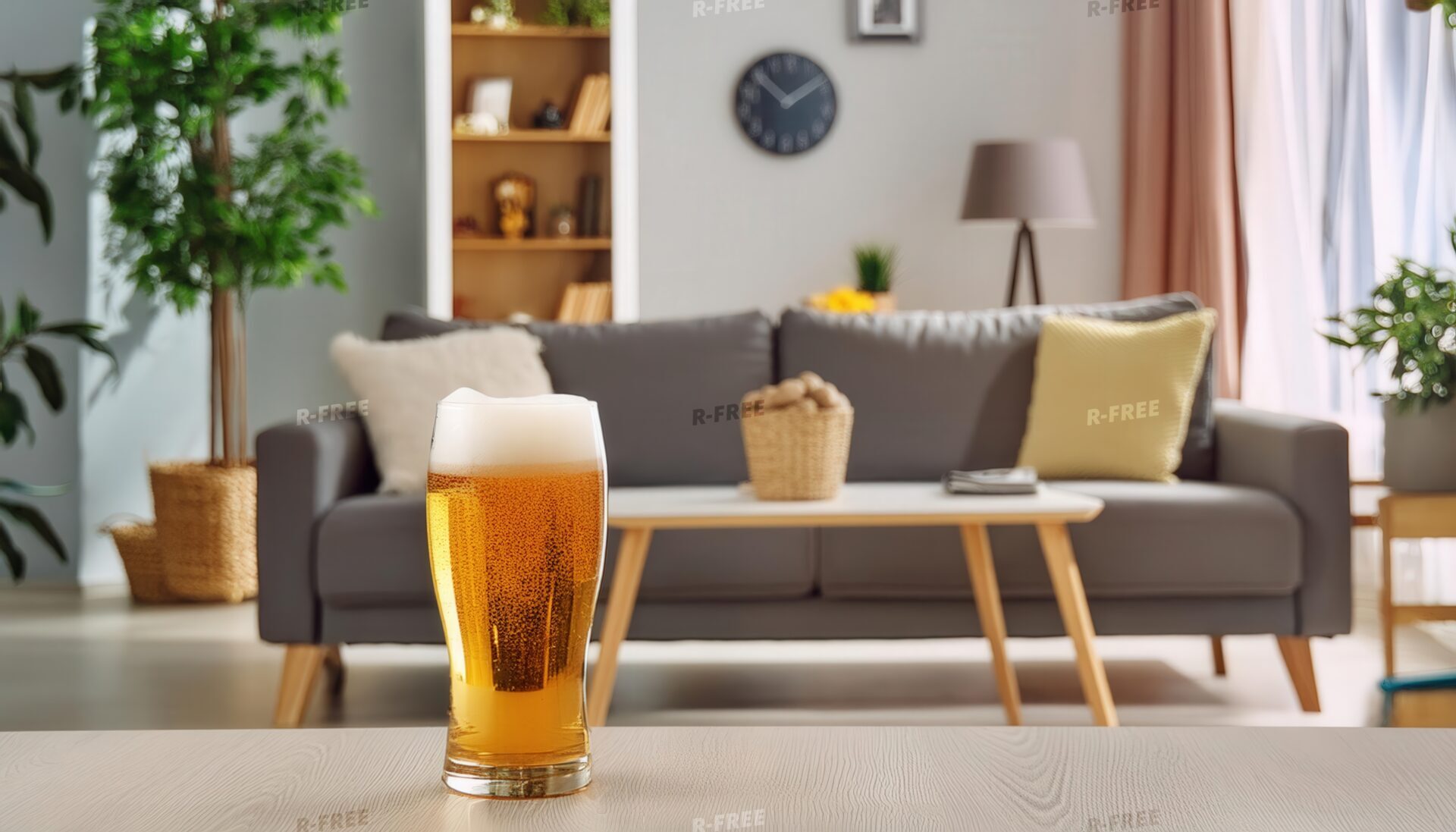 グレーのソファがある部屋のテーブルに置かれたビールグラス