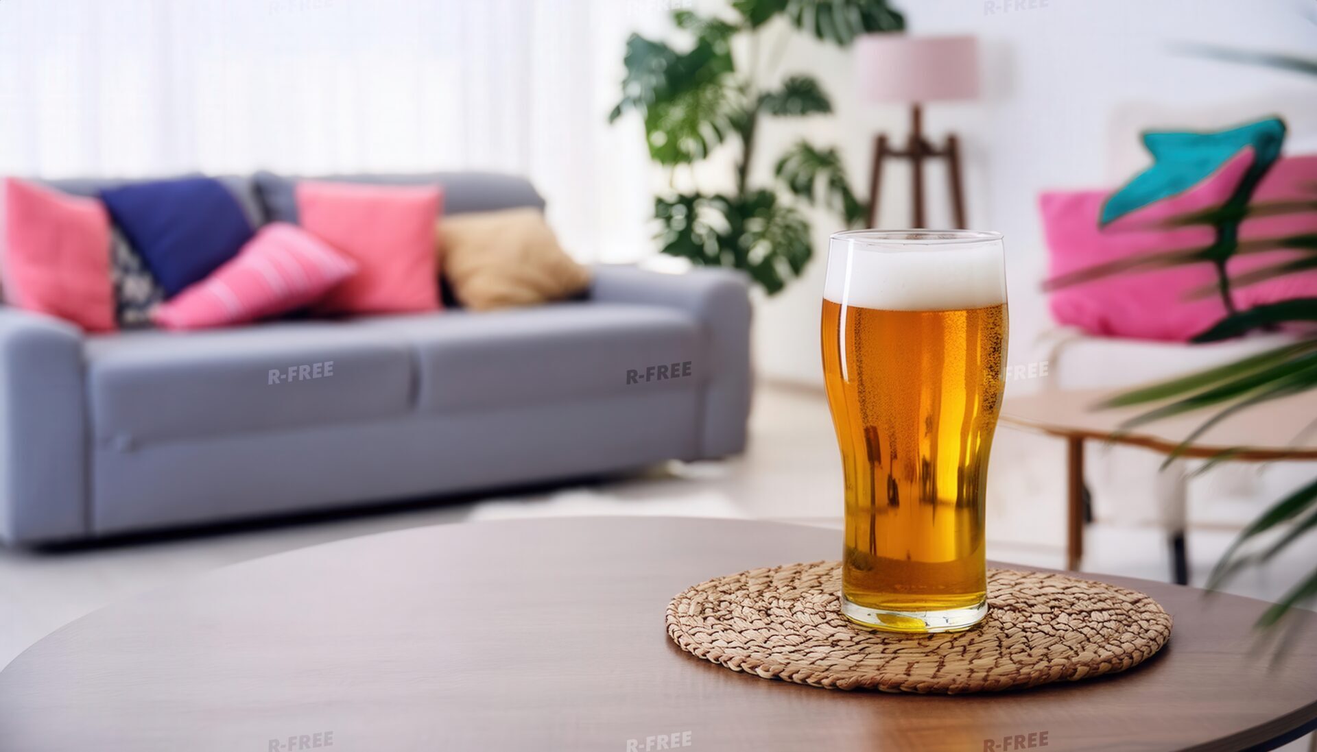 クッションのある部屋のテーブルに置かれたビールグラス