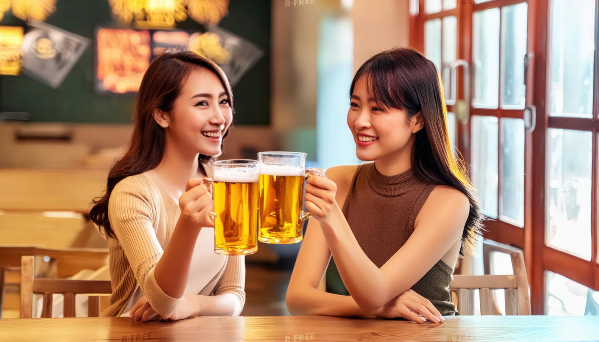 木製カウンターで笑顔で乾杯するベージュニットと茶色服の女性