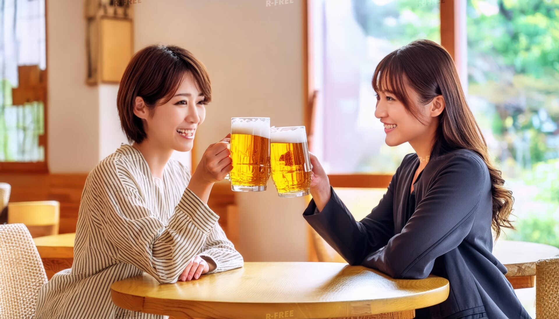 窓から緑が見える店内で笑顔で乾杯する女性2人