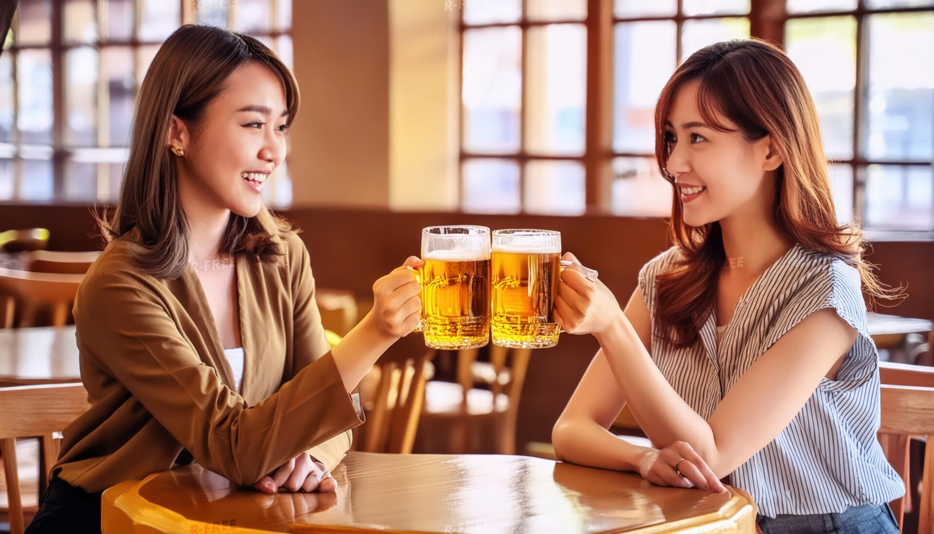 窓からの光が差す店内でジャケットとストライプ柄の女性が乾杯