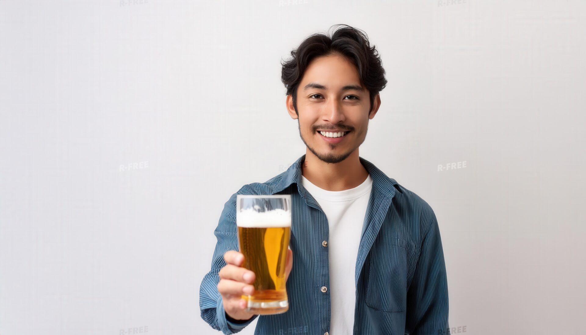 正面にビールを差し出す笑顔の黒髪男性と青いシャツ