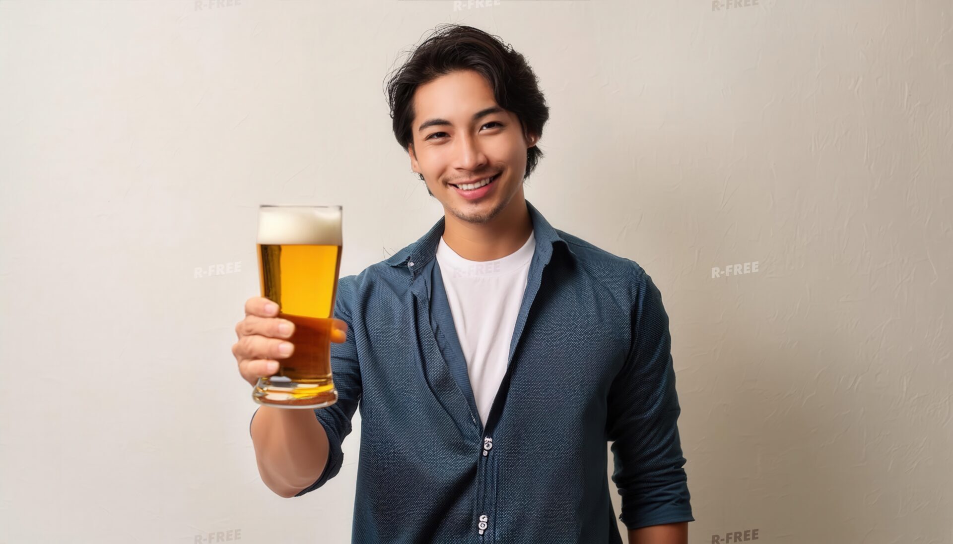 ベージュ背景でビールを差し出す若い男性