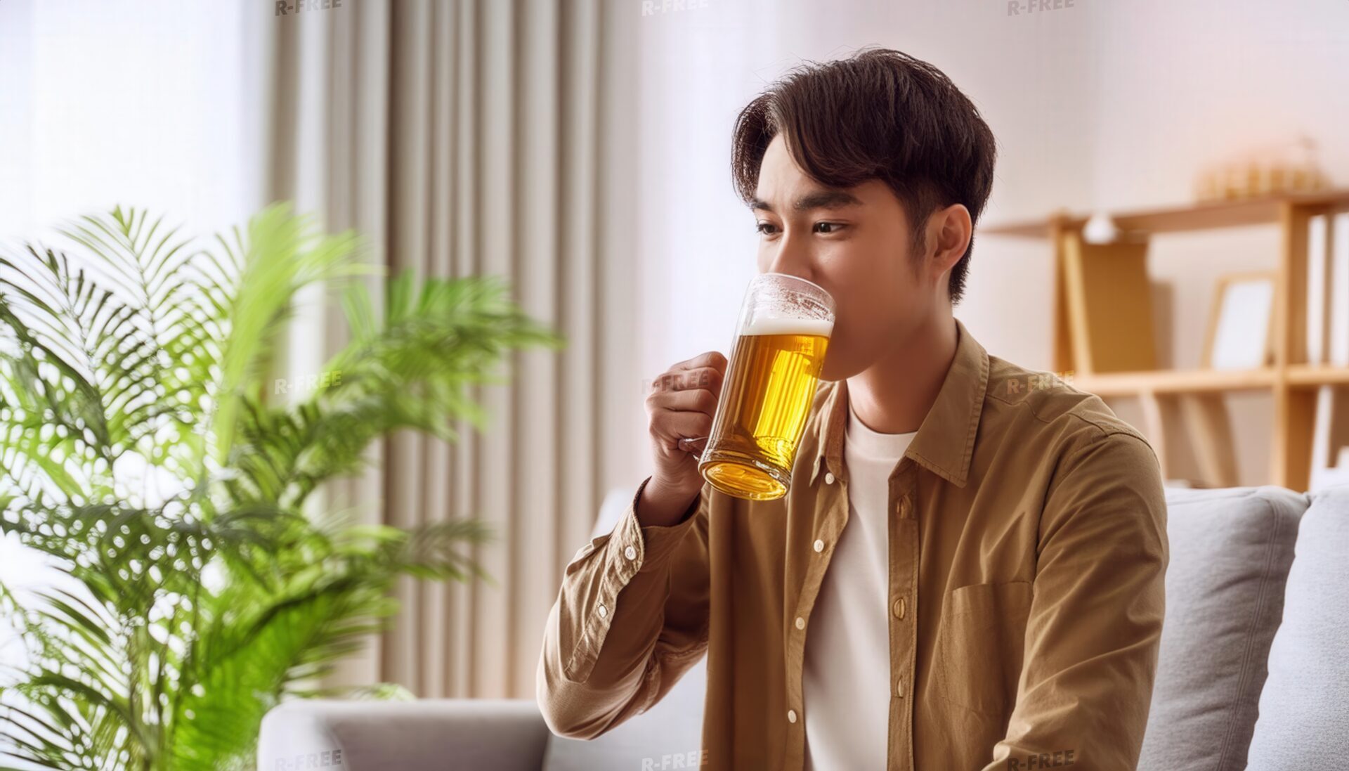 室内でジョッキのビールを飲む人