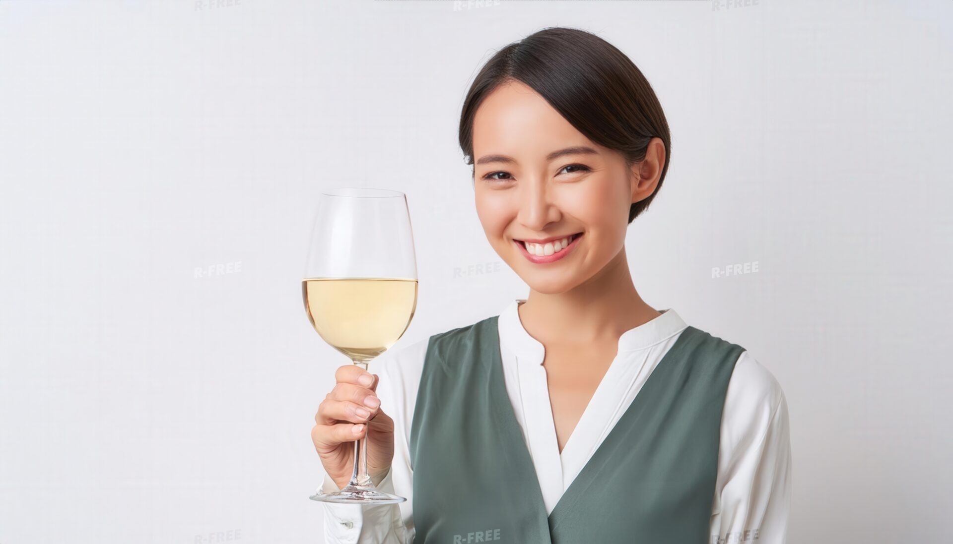 白背景で白ワインを手に笑顔を見せる女性