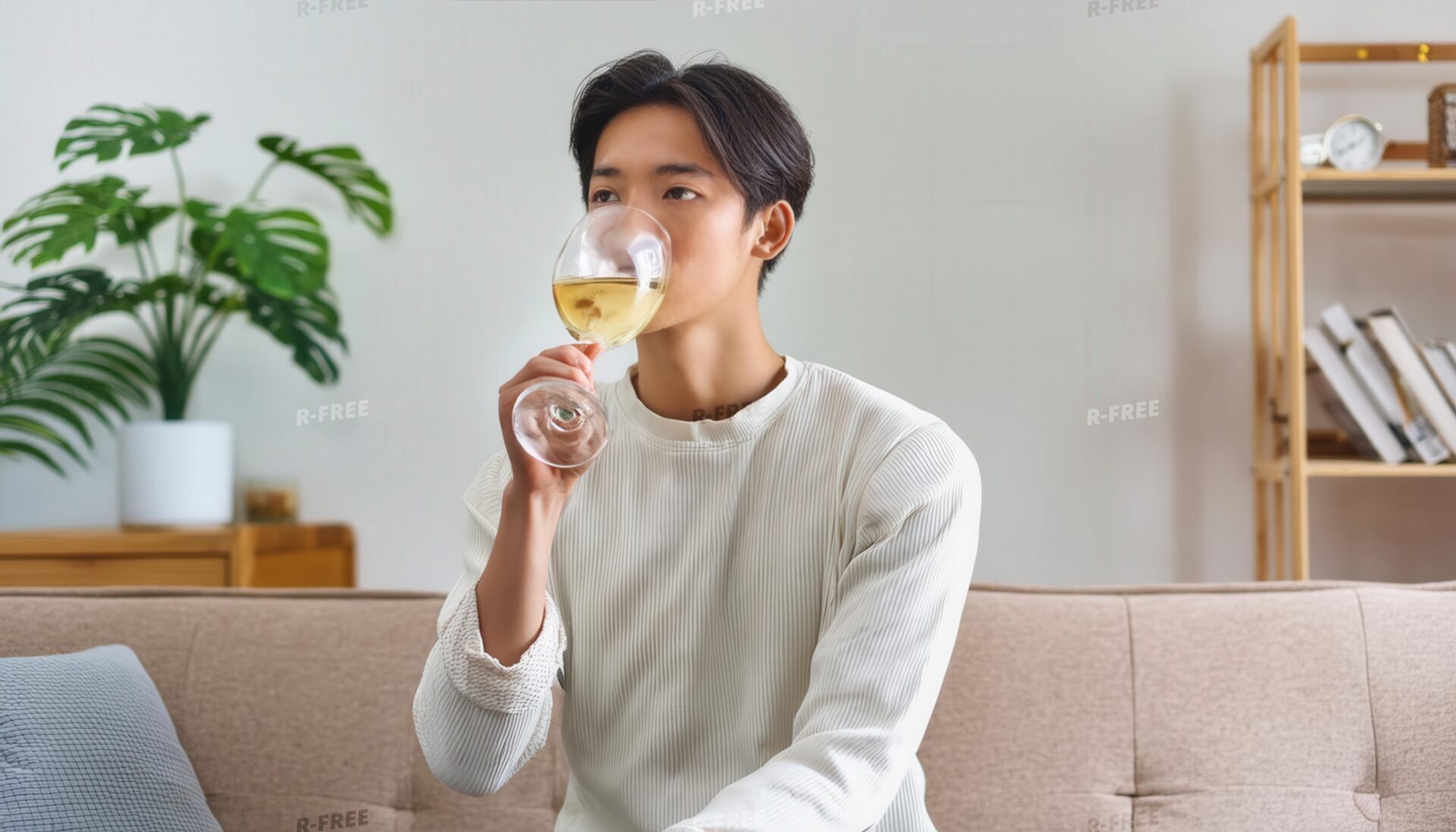 室内で白ワインを飲む人