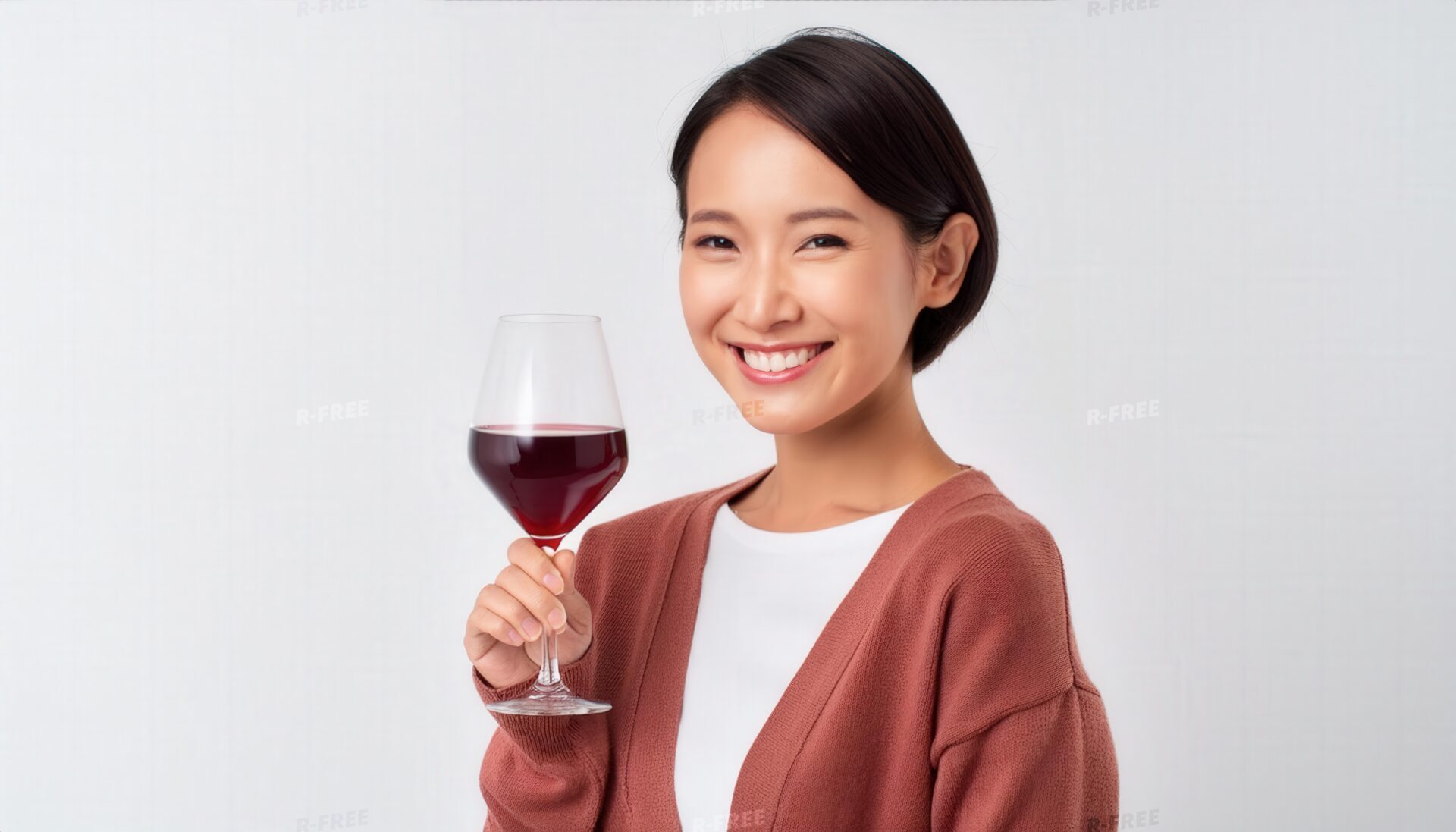 白背景で赤ワインを持って微笑む若い女性