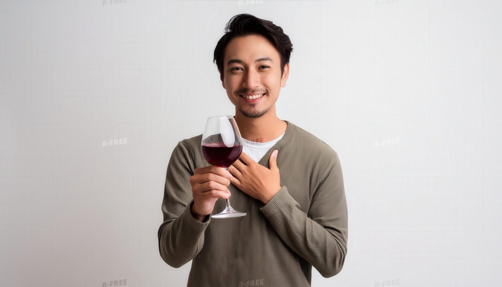 白背景で赤ワインを持ち胸に手を当てる若い男性