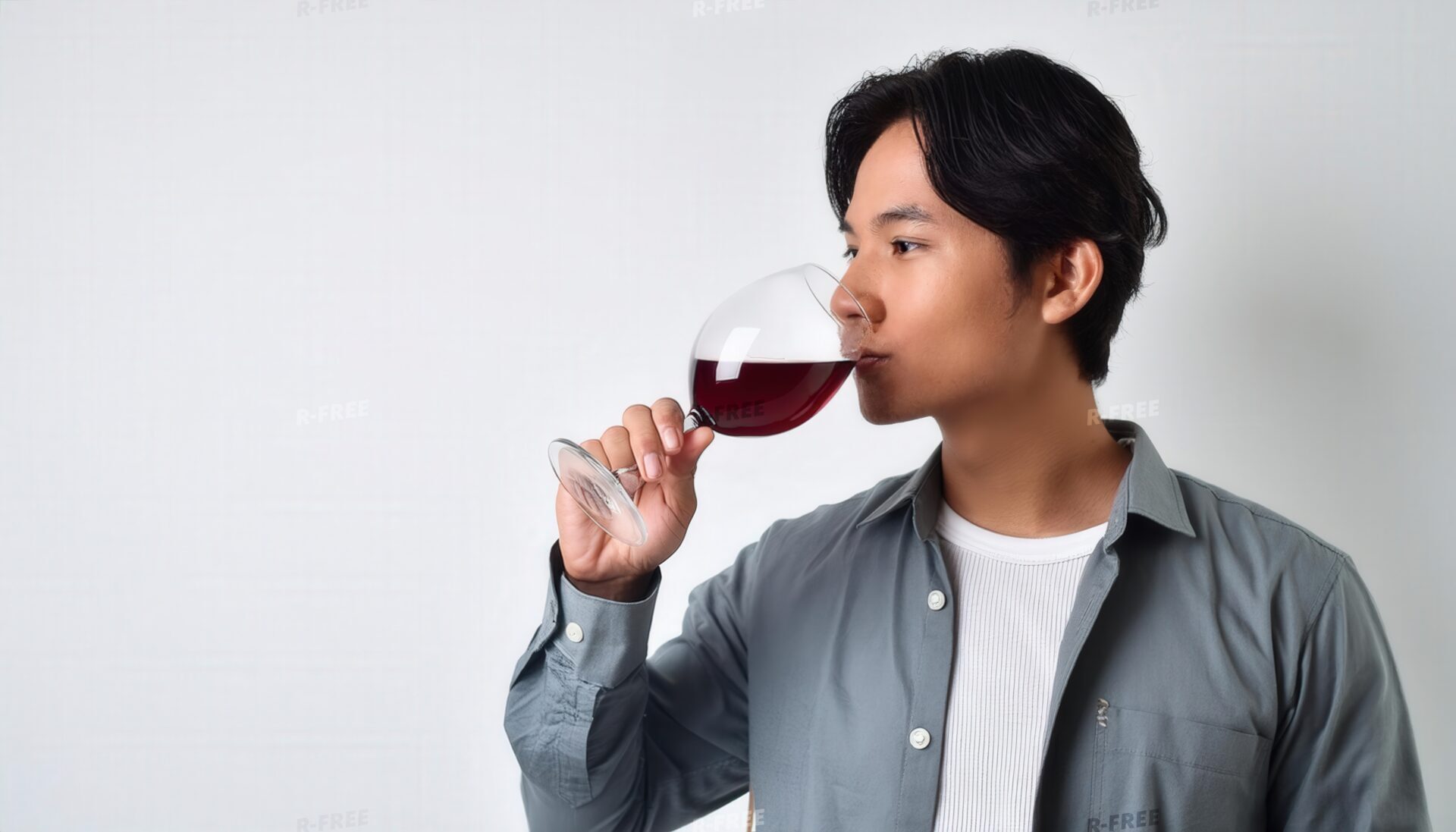 白背景で赤ワインを味わう若い男性