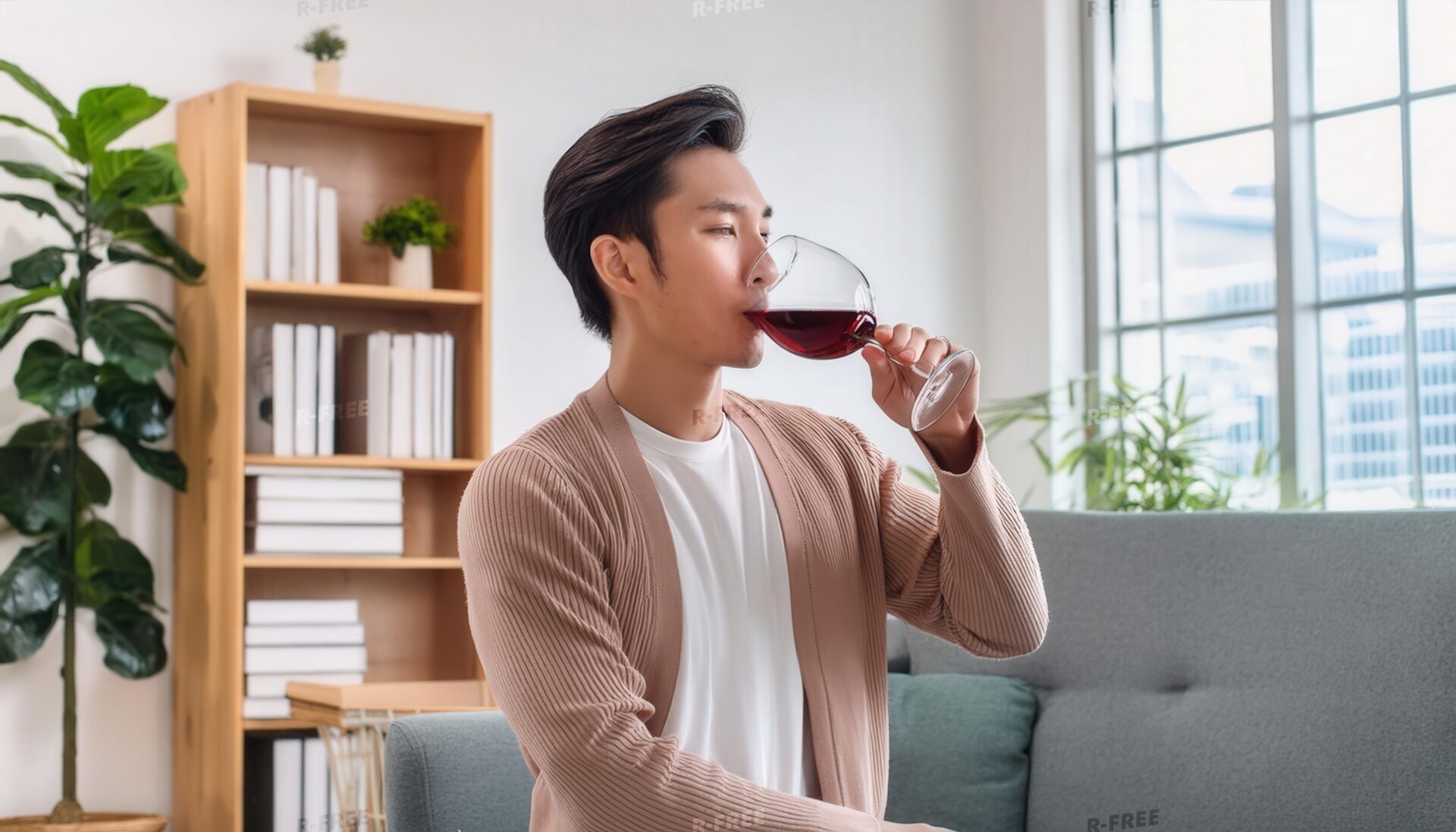 明るいリビングで赤ワインを味わう人物