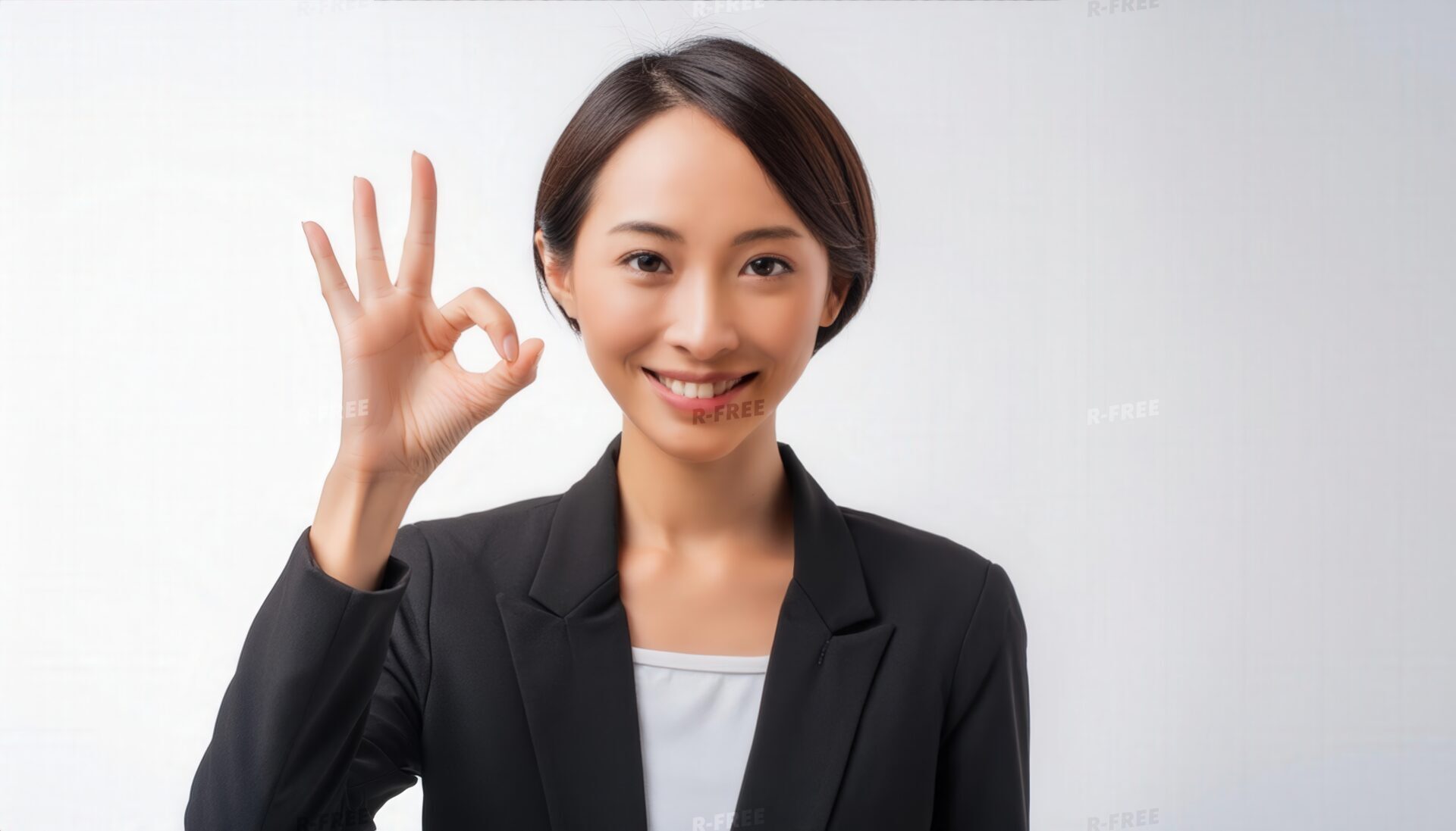 白背景で笑顔の20代女性が片手でOKサイン